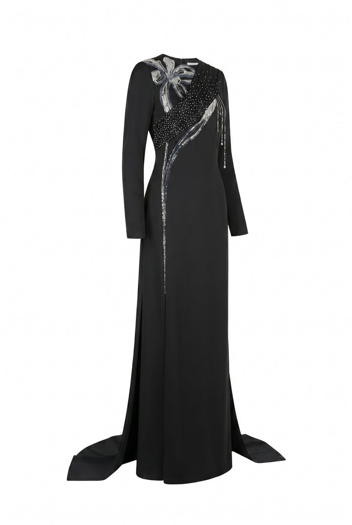 Antonia Straight Long Sleeved Taffeta Silk Maxi Dress