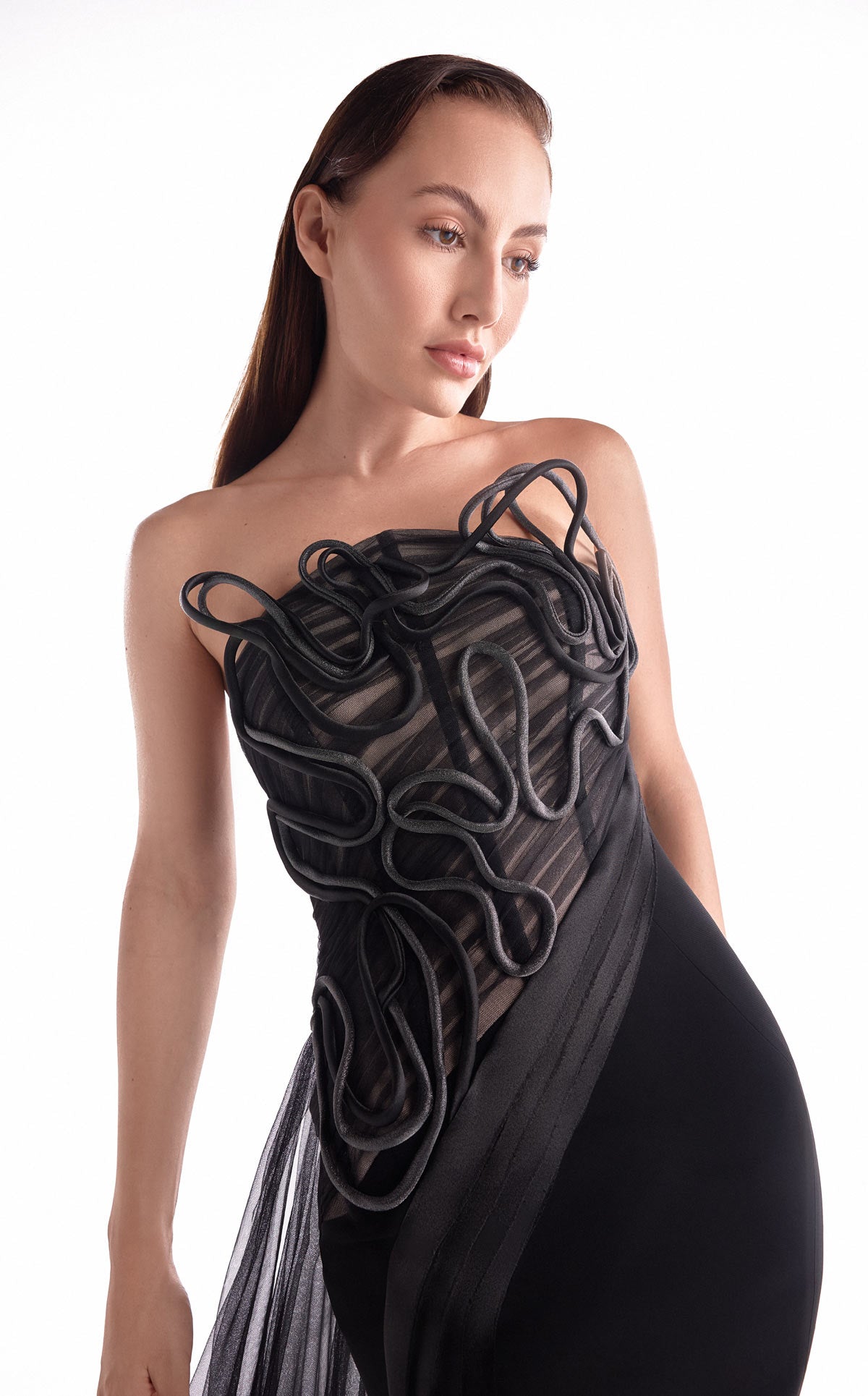 Artfully Corded Illusion Bodice Black Gown G2116
