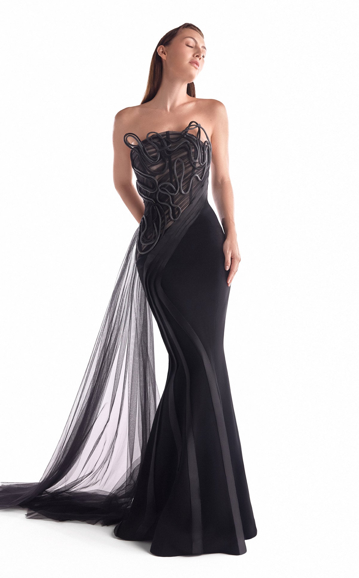 Artfully Corded Illusion Bodice Black Gown G2116