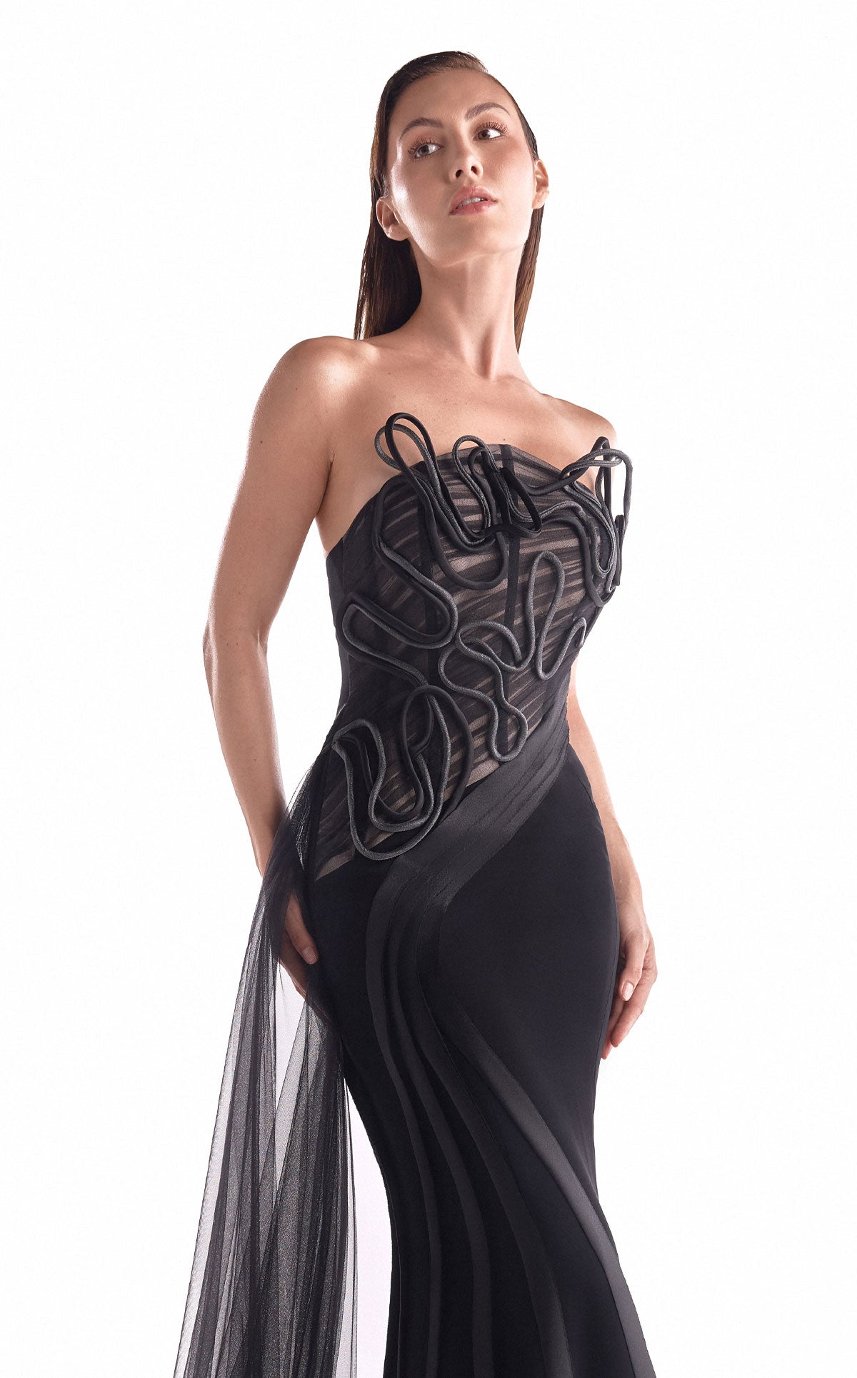 Artfully Corded Illusion Bodice Black Gown G2116