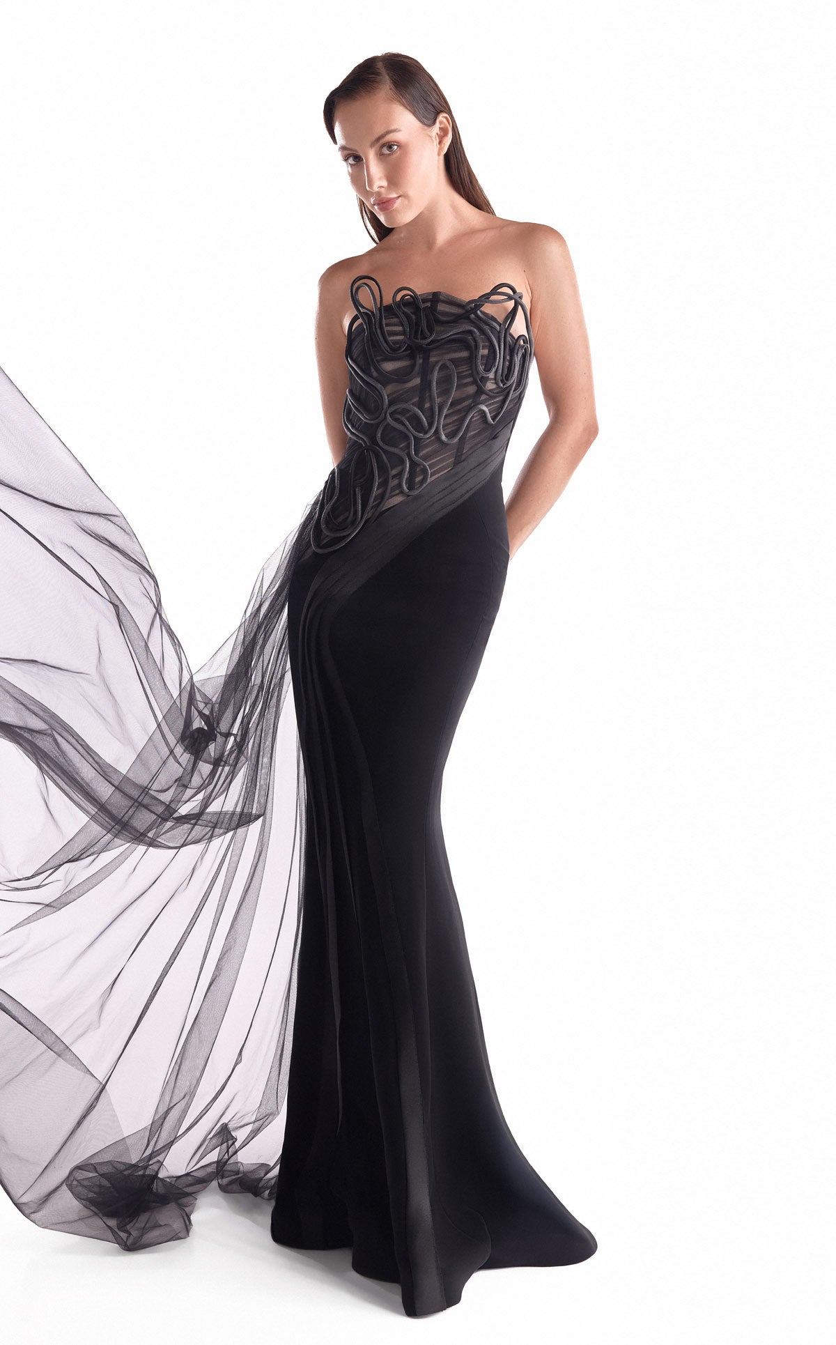 Artfully Corded Illusion Bodice Black Gown G2116