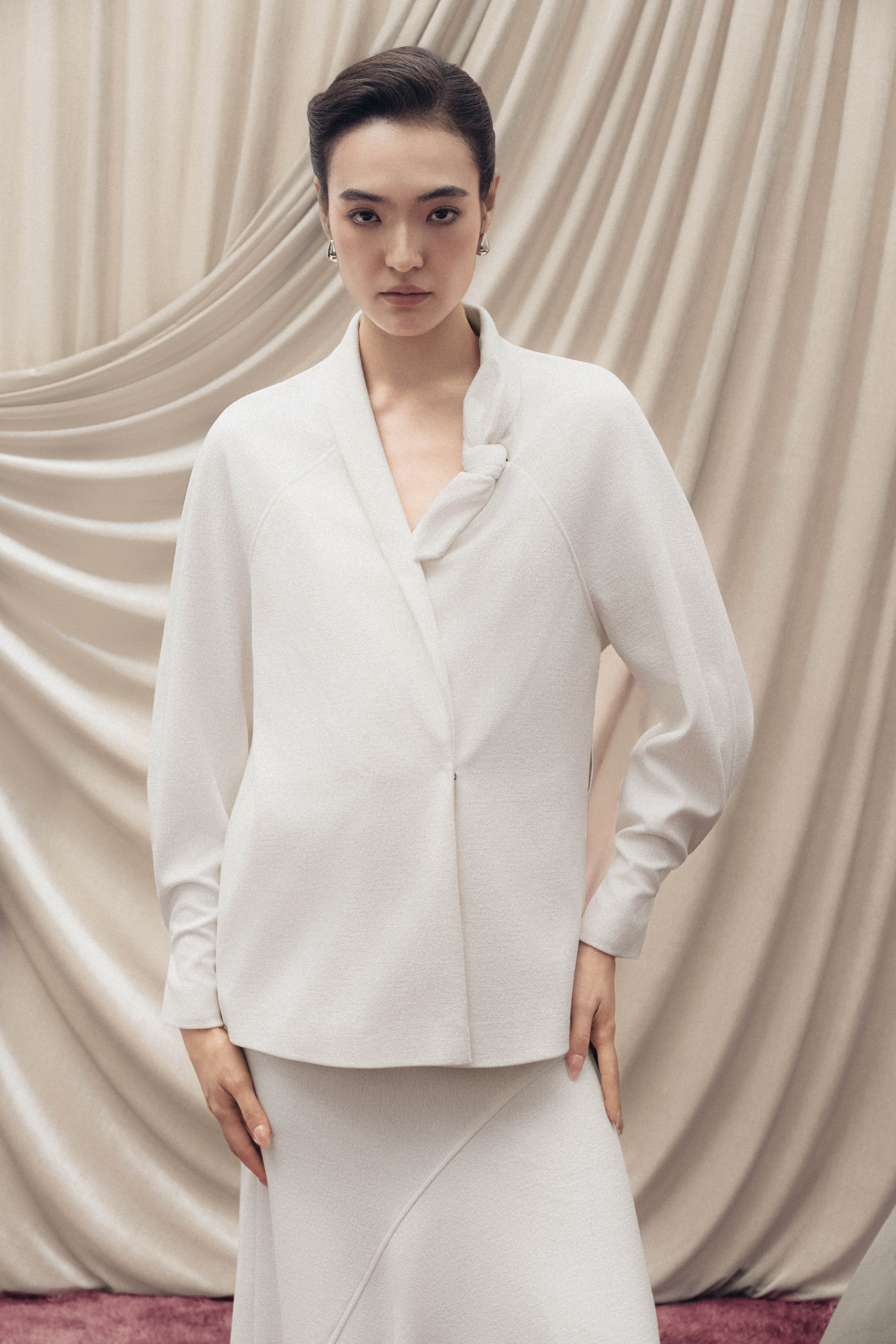 Asymmetric Bow Wrap Coat & Cut Midi Skirt in Cream
