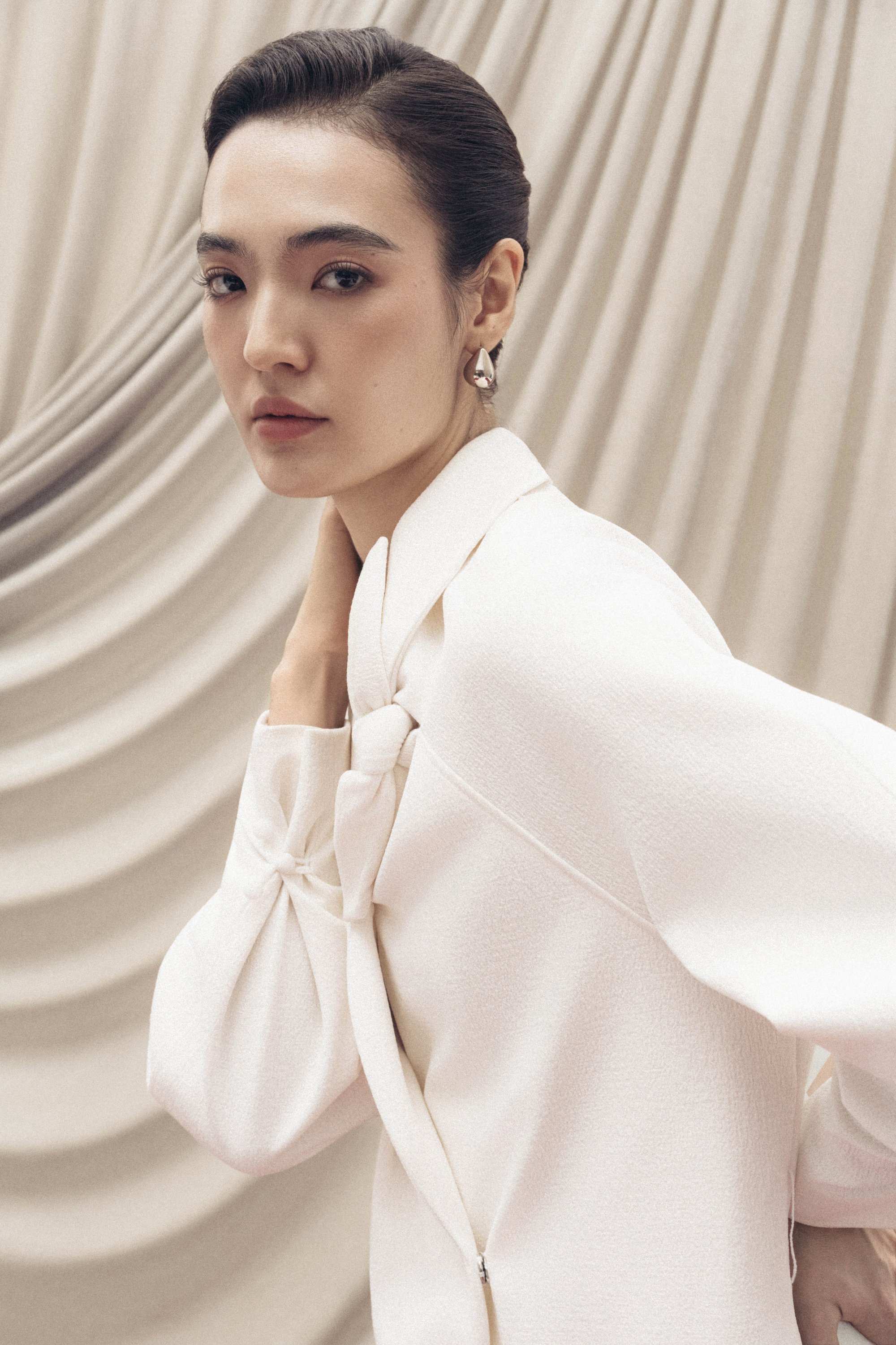 Asymmetric Bow Wrap Coat & Cut Midi Skirt in Cream