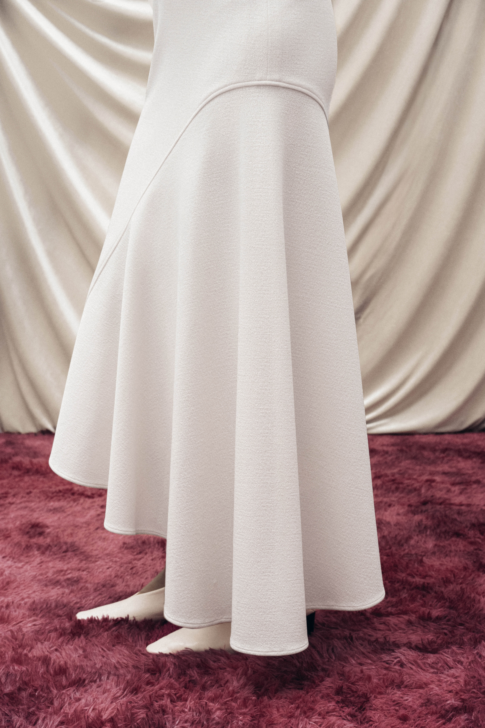 Asymmetric Bow Wrap Coat & Cut Midi Skirt in Cream