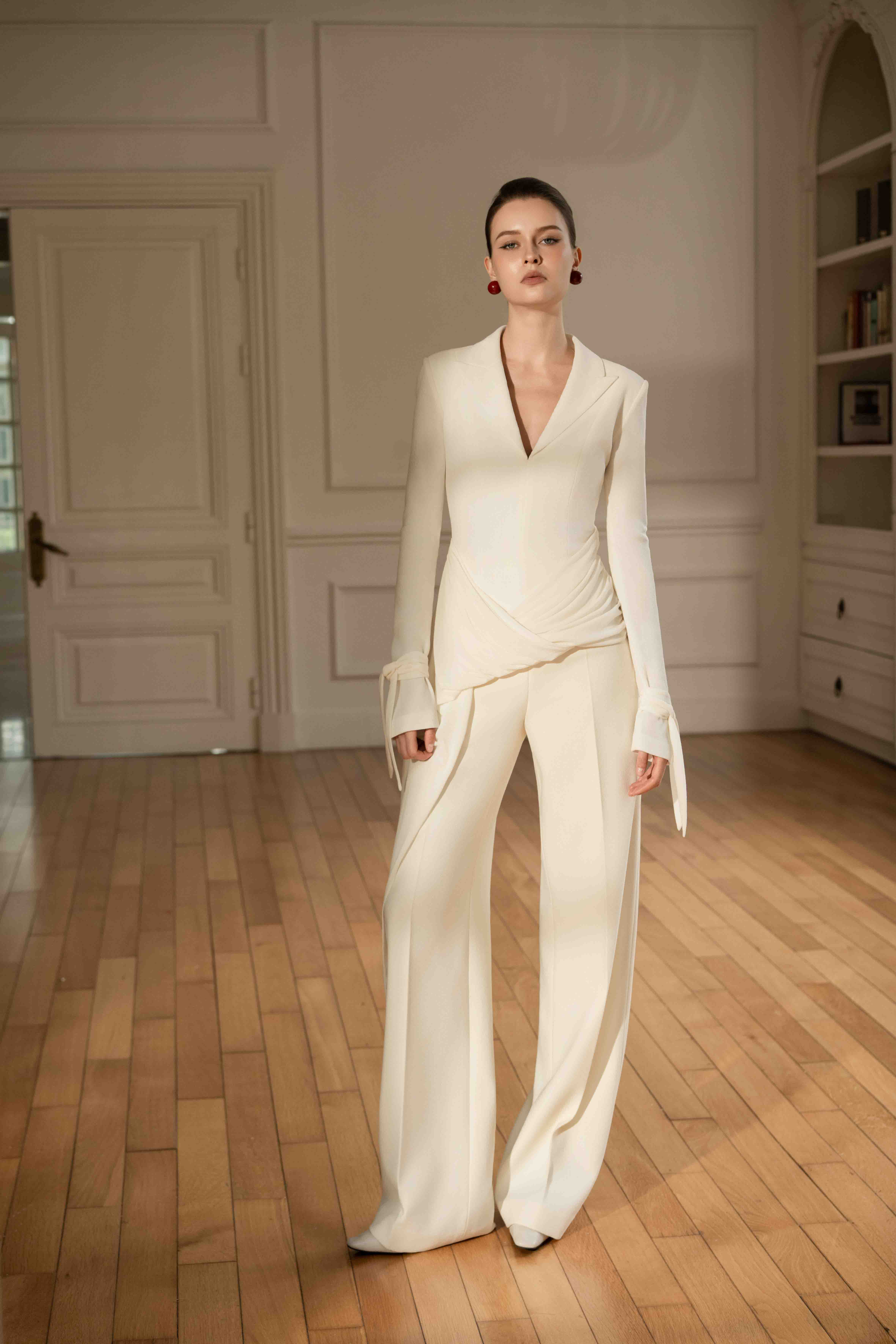 Asymmetric Draped V-Neck Set Design
