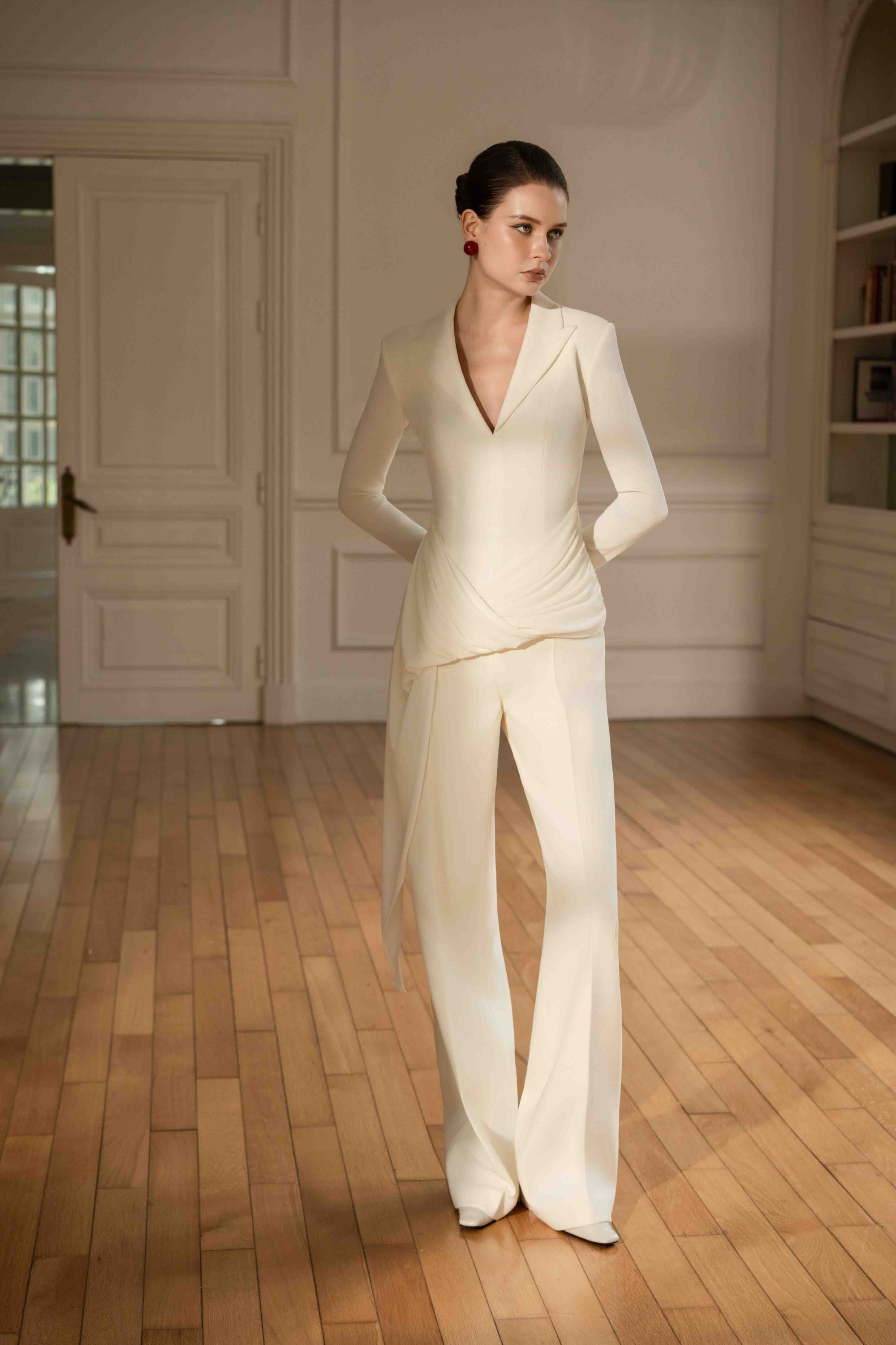 Asymmetric Draped V-Neck Set Design