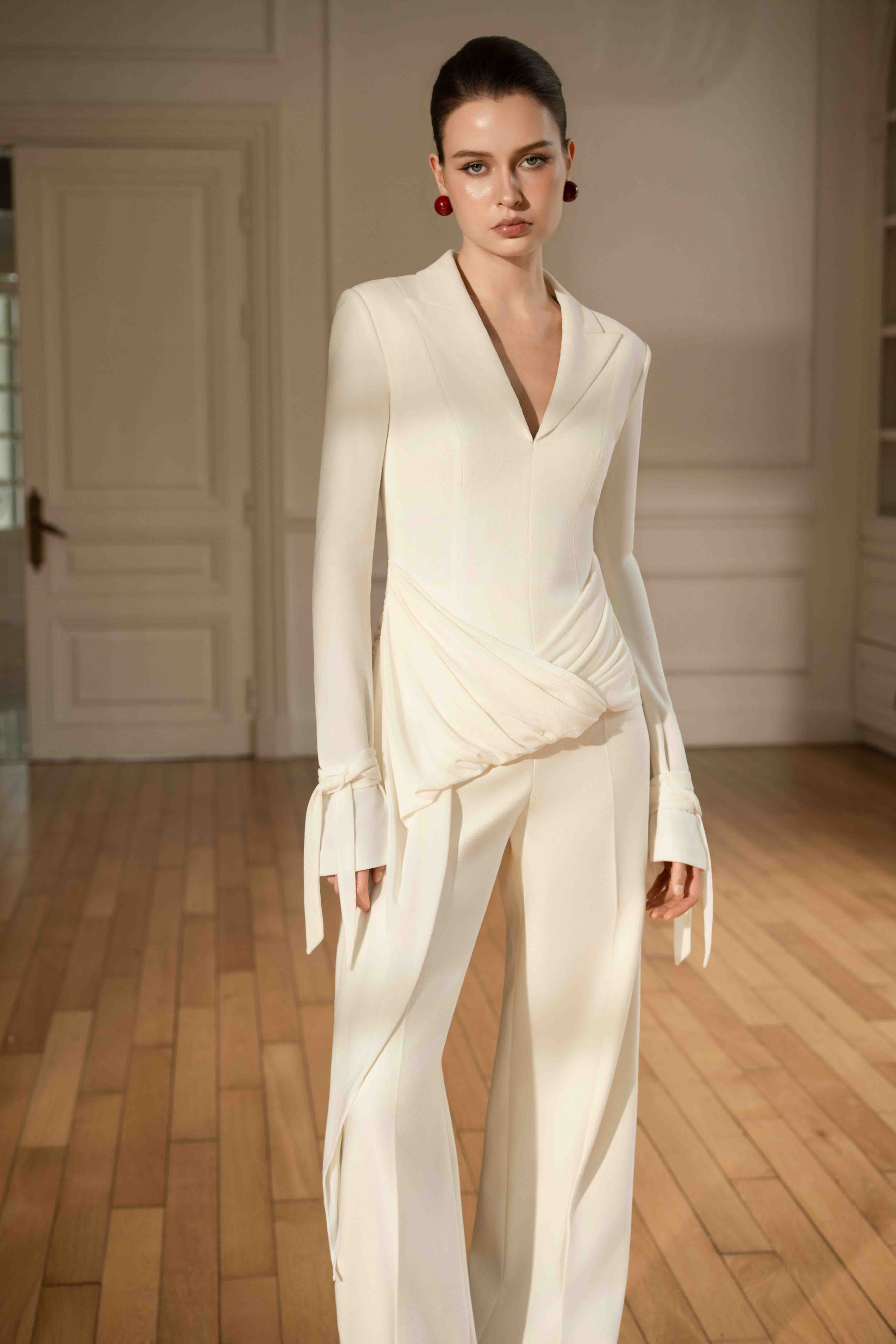 Asymmetric Draped V-Neck Set Design