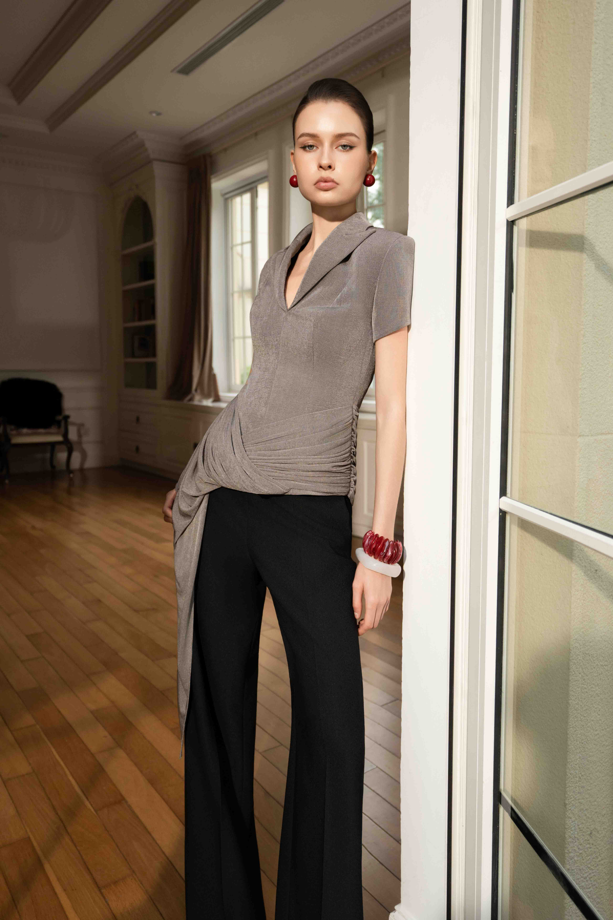 Asymmetric Draped V-Neck Set in Ash