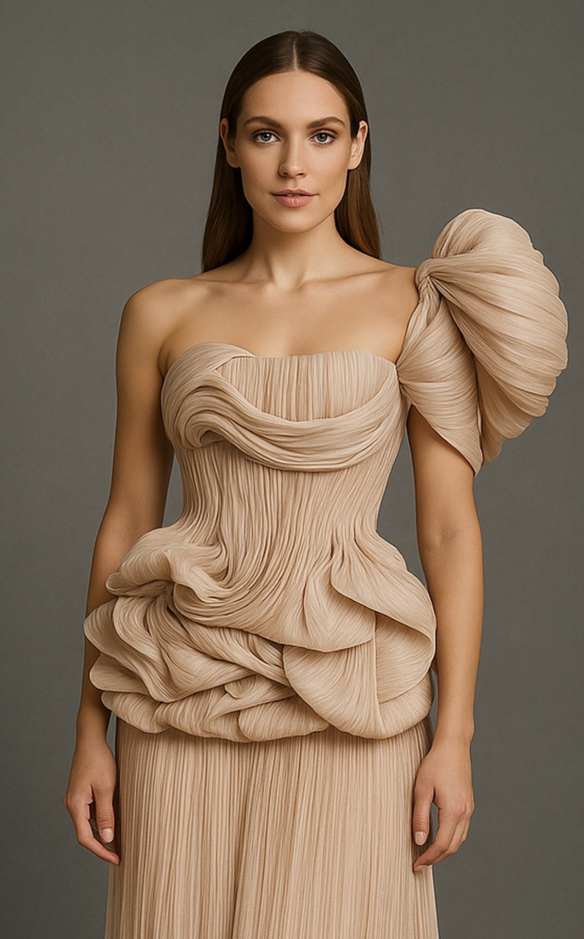 Beige Chiffon Gown with Asymmetric Ruffle B1181