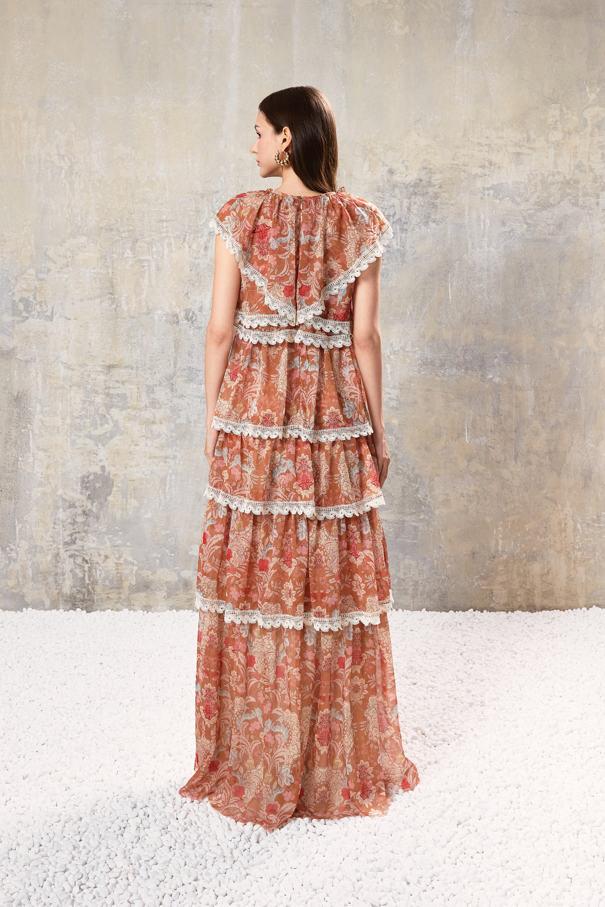 Baroque Lace Tiered Maxi Dress
