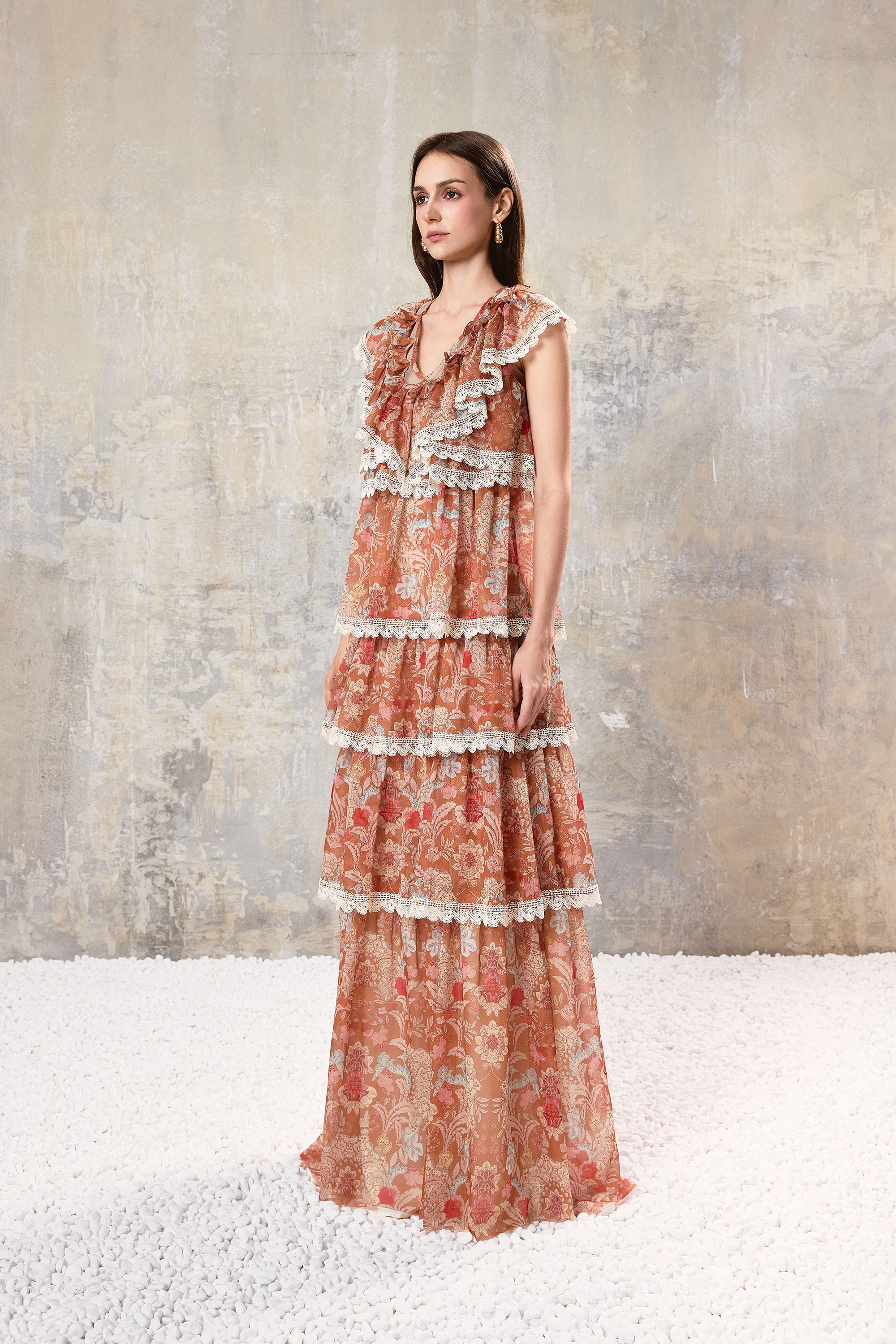 Baroque Lace Tiered Maxi Dress