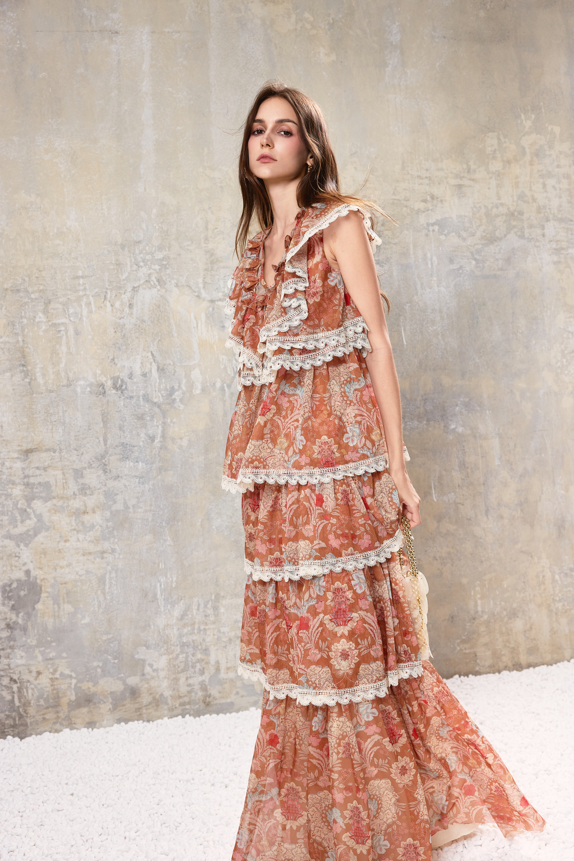 Baroque Lace Tiered Maxi Dress