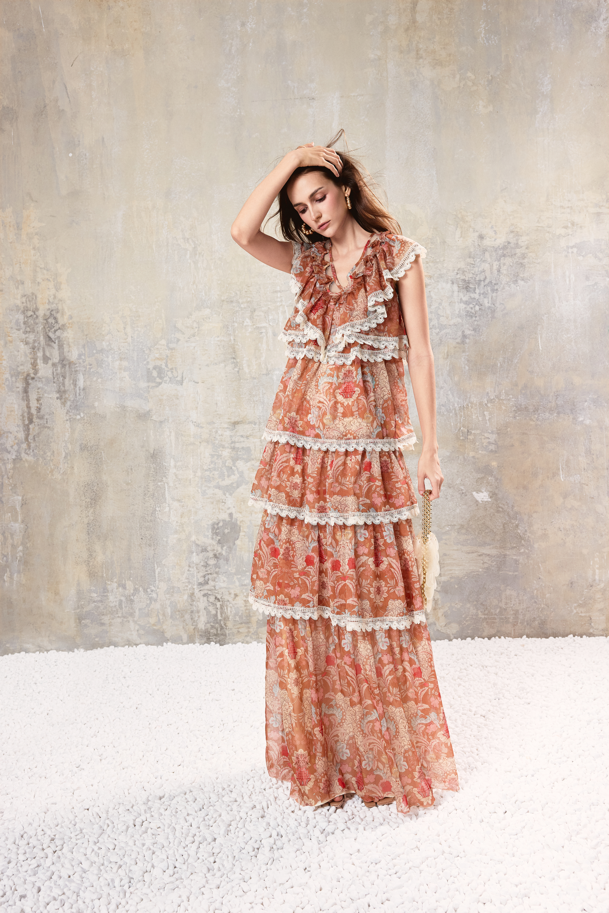 Baroque Lace Tiered Maxi Dress