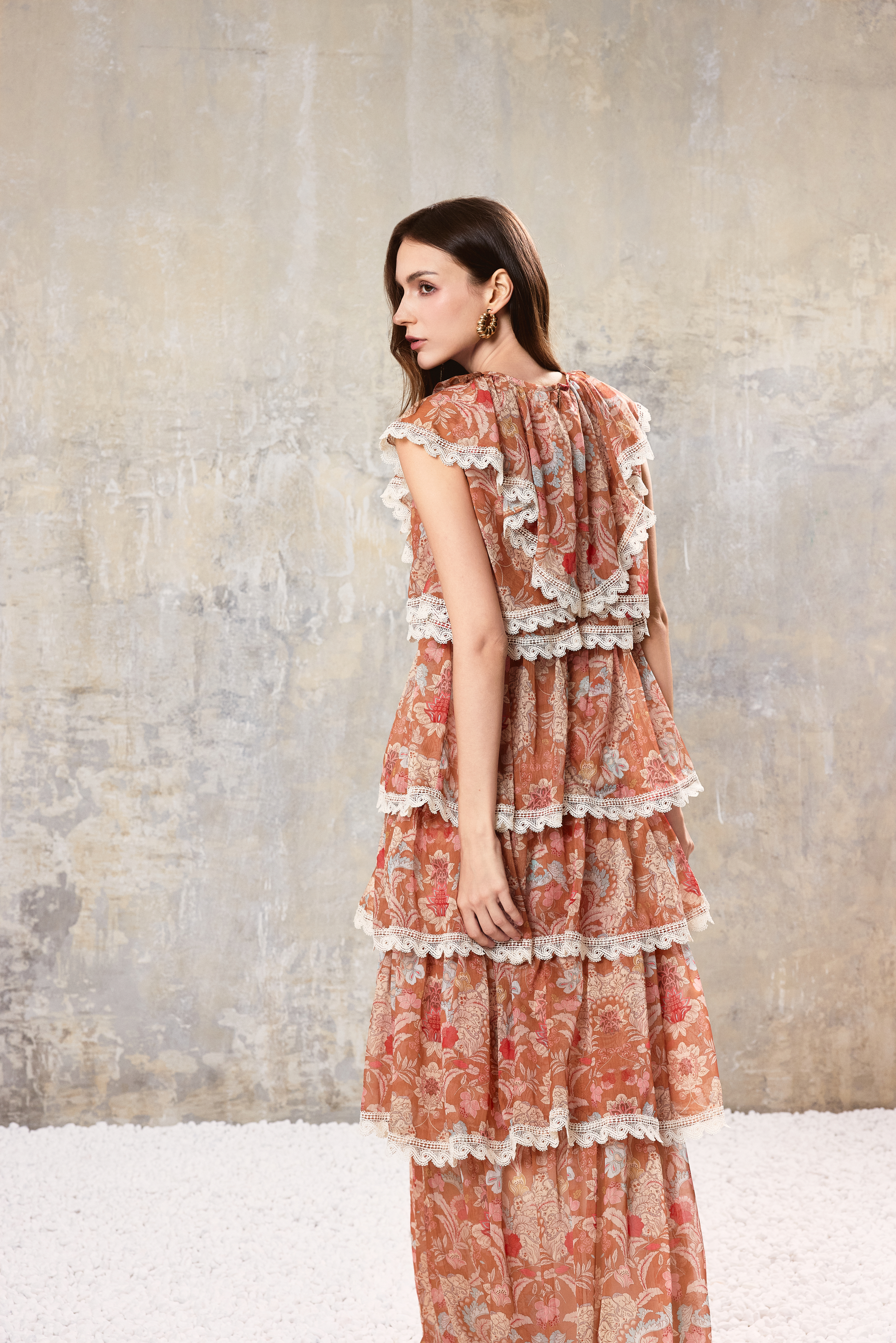 Baroque Lace Tiered Maxi Dress