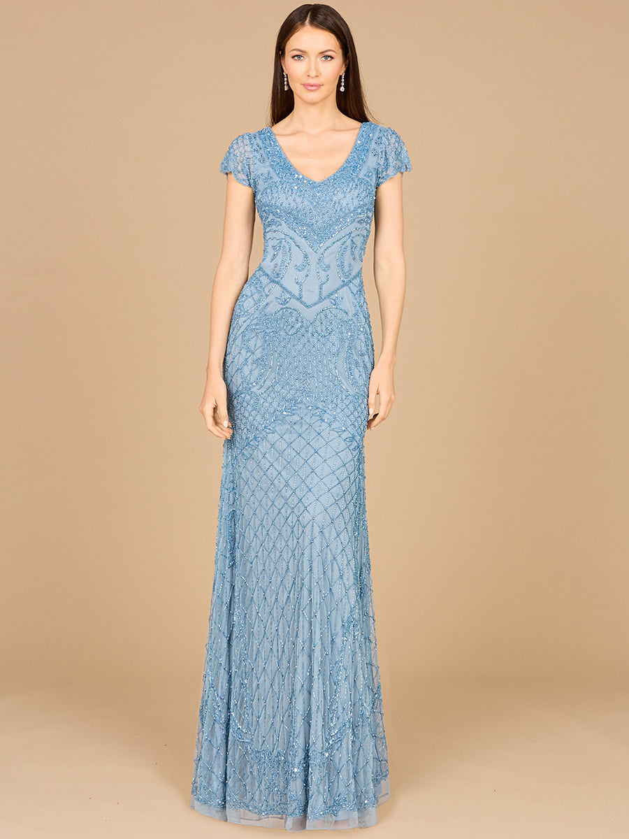 Beaded Cap Sleeve Gown With V-Neckline - OUTLET 29073
