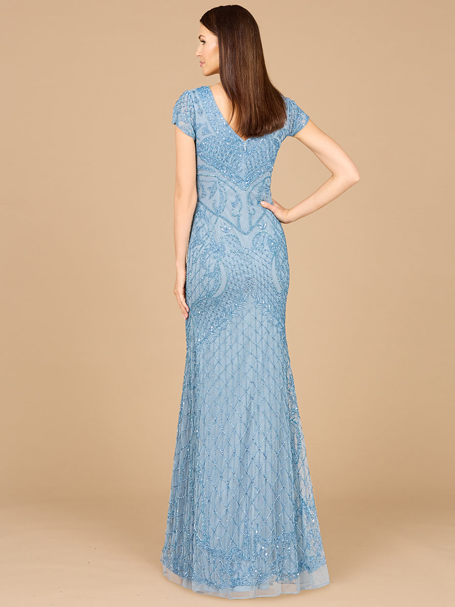 Beaded Cap Sleeve Gown With V-Neckline - OUTLET 29073