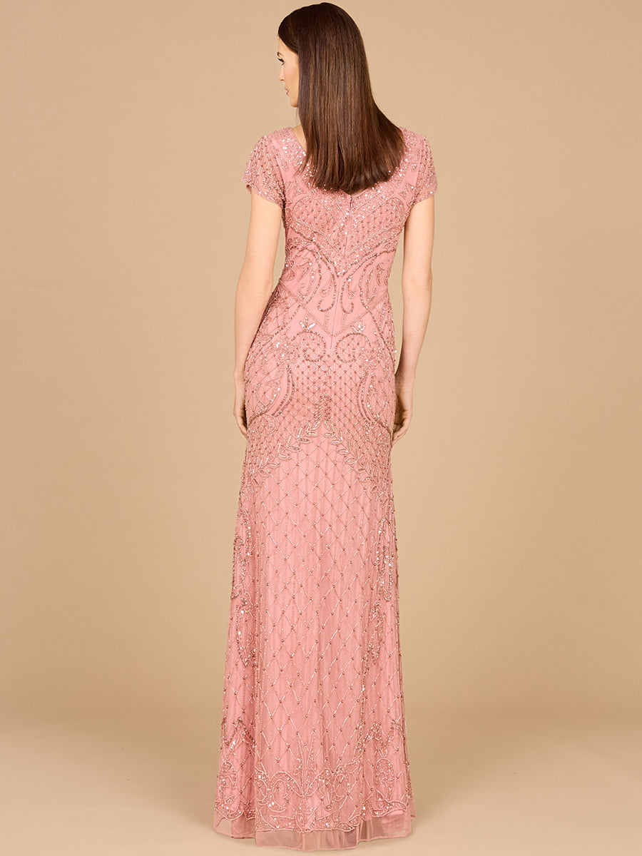 Beaded Cap Sleeve Gown With V-Neckline - OUTLET 29073