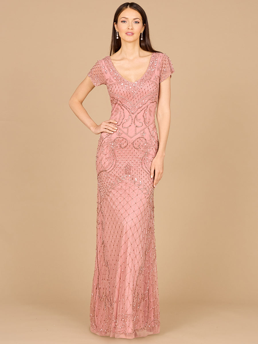Beaded Cap Sleeve Gown With V-Neckline - OUTLET 29073