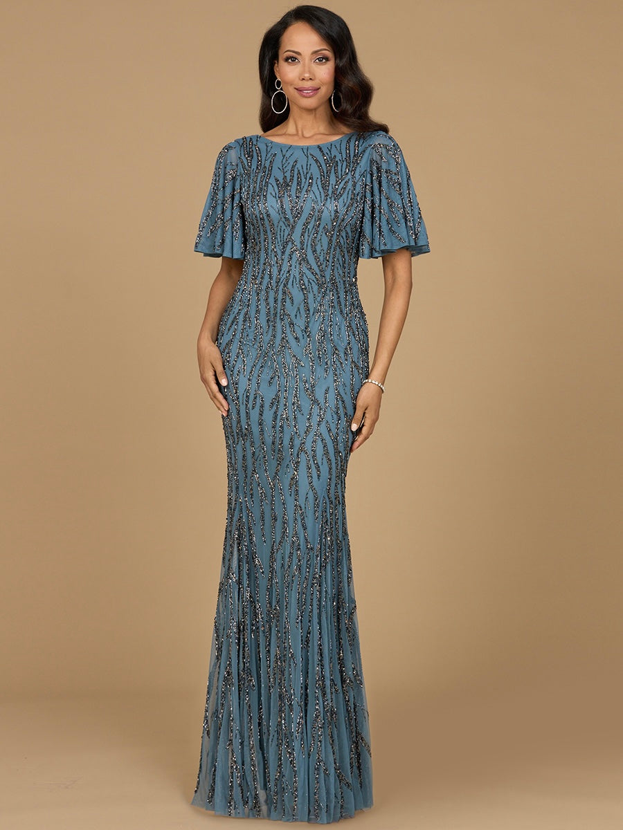 Beaded Gown with Flutter Sleeves 28903