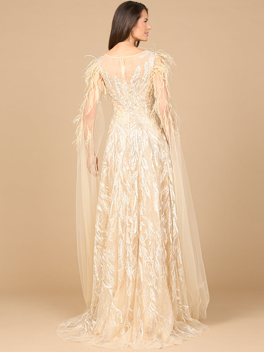 Beaded Gown with Satin Cape Sleeves 28965