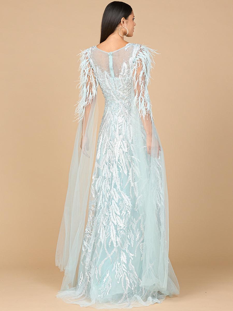 Beaded Gown with Satin Cape Sleeves 28965