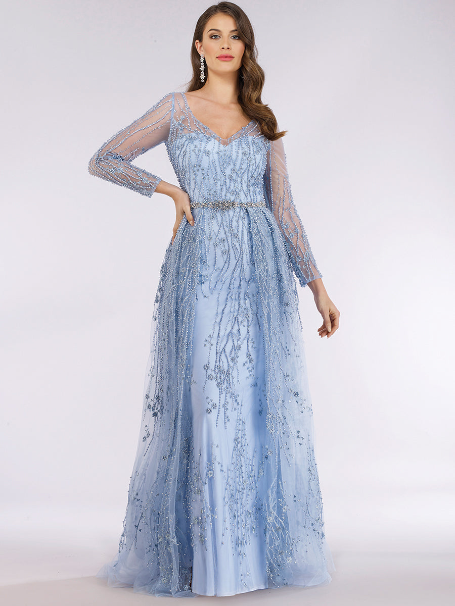 Beaded Lace Overskirt Ballgown with Long Sleeves 29782