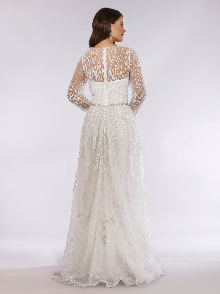 Beaded Lace Overskirt Ballgown with Long Sleeves 29782