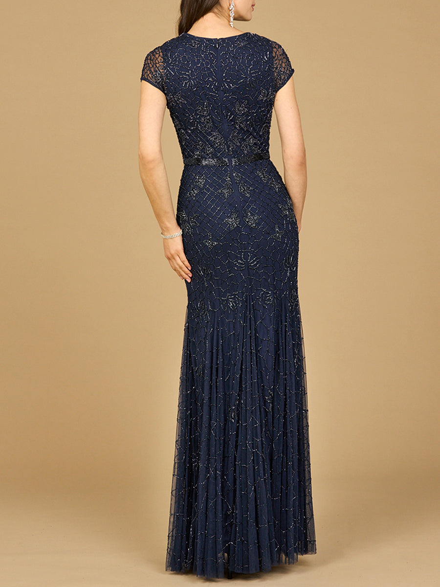 Beaded Mermaid Cap Sleeve Gown 29224