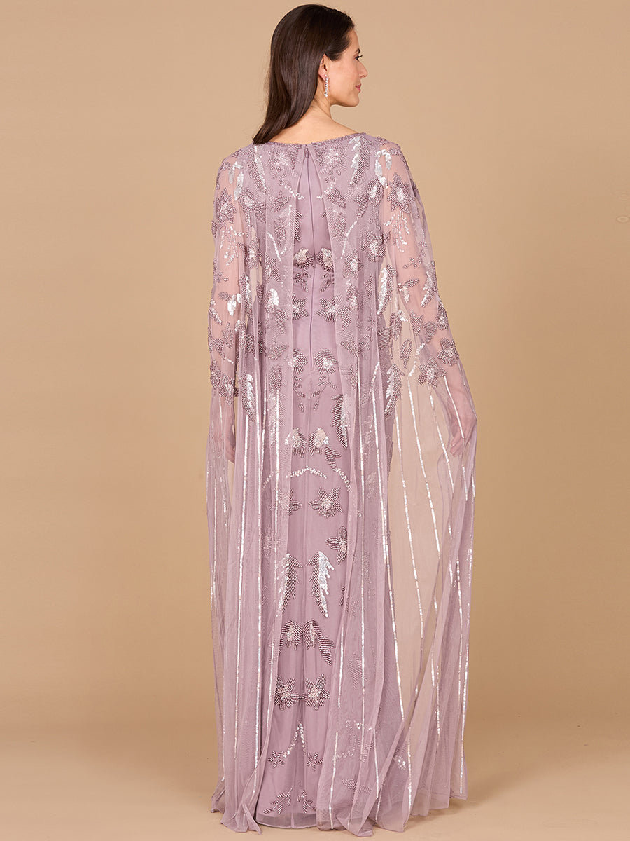 Beaded Sheath Dress with Long Cape 29090