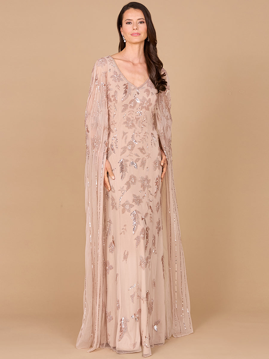 Beaded Sheath Dress with Long Cape 29090