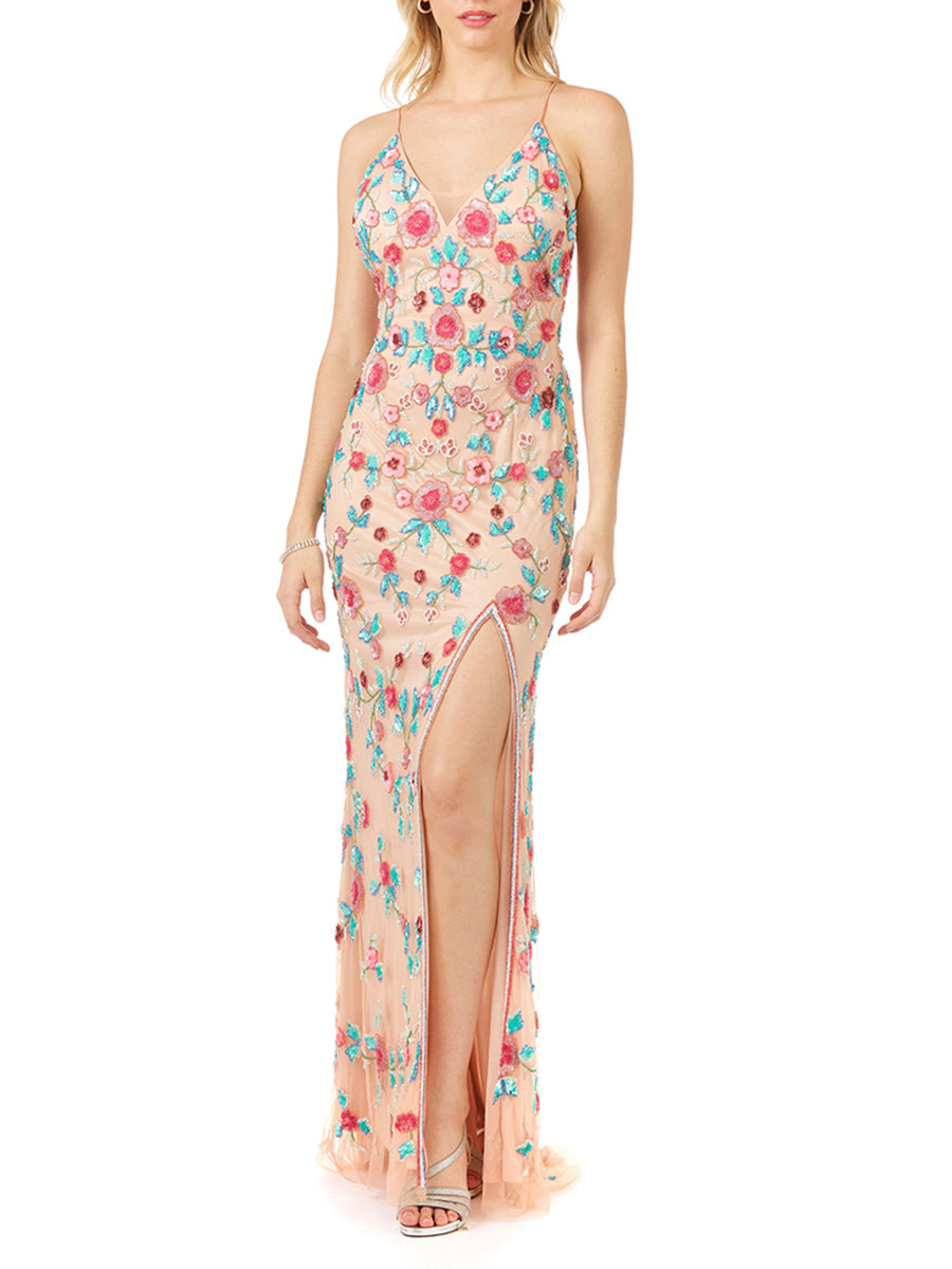 Beaded Thigh-High Slit Open Back Evening Dress 29486
