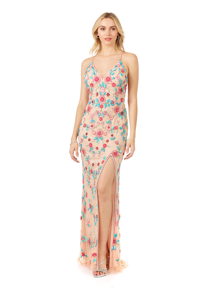 Beaded Thigh-High Slit Open Back Evening Dress 29486