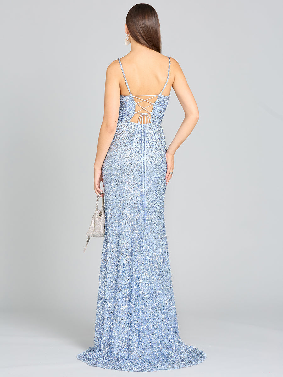 Beaded V Neck Dress with Slit 29310