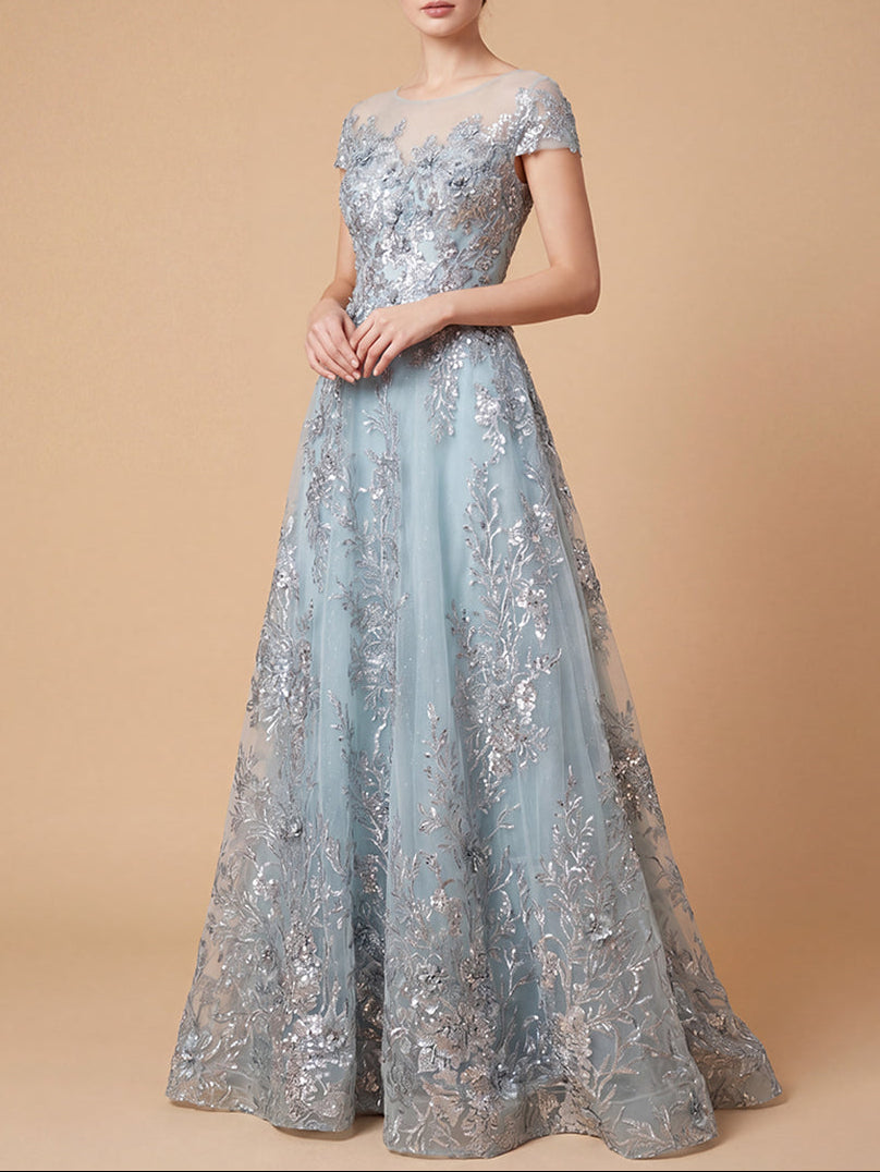 Beautiful Lace Applique A-Line Ball Gown with Cap Sleeves 29619