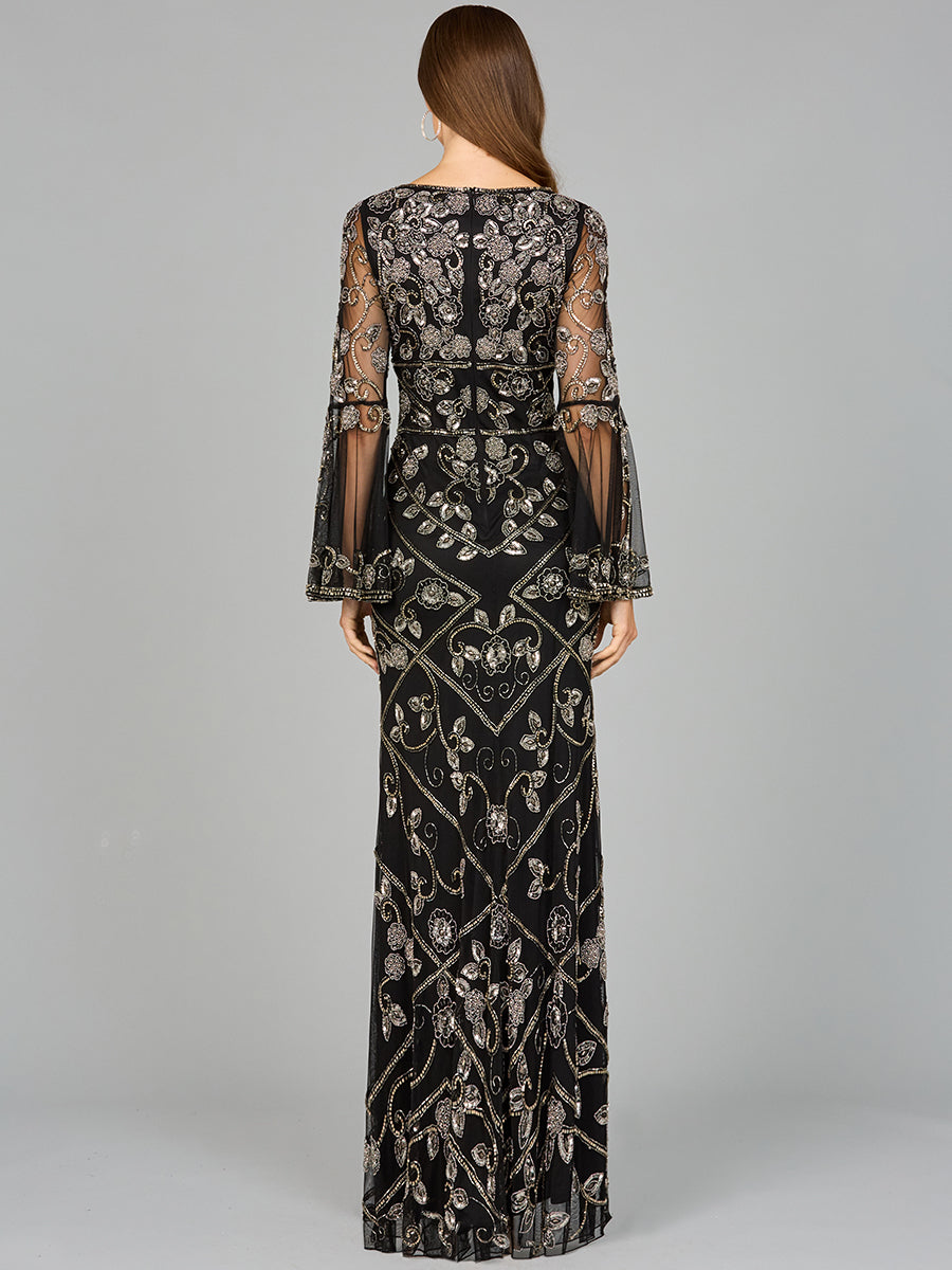 Bell Sleeved High Neck Beaded Gown 29088