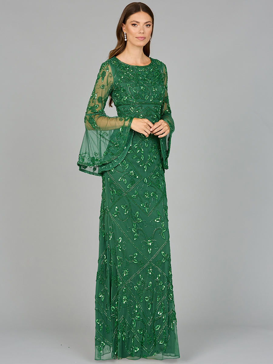Bell Sleeved High Neck Beaded Gown 29088