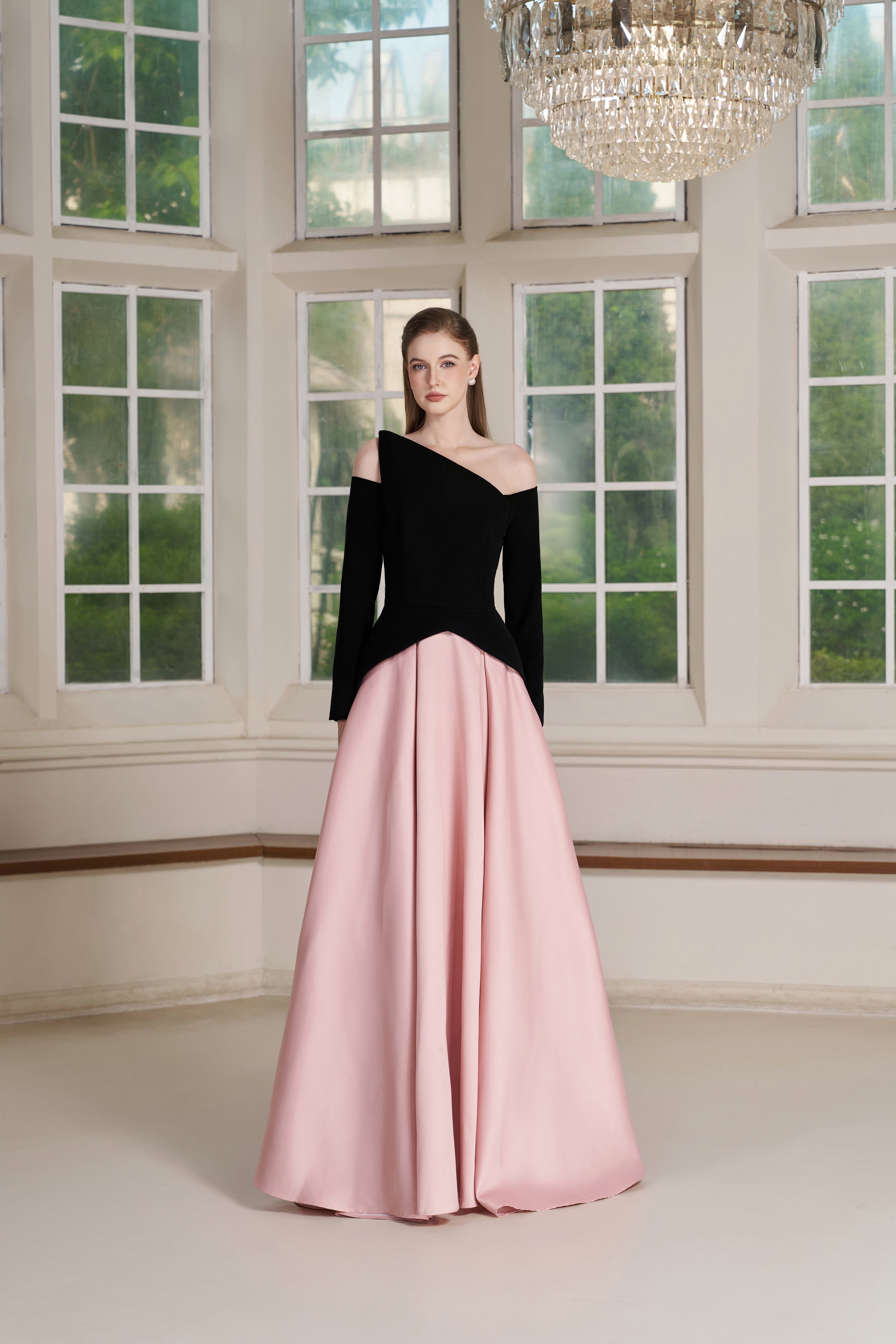 Belle Dress – Asymmetric Off-Shoulder Two-Tone Evening Gown