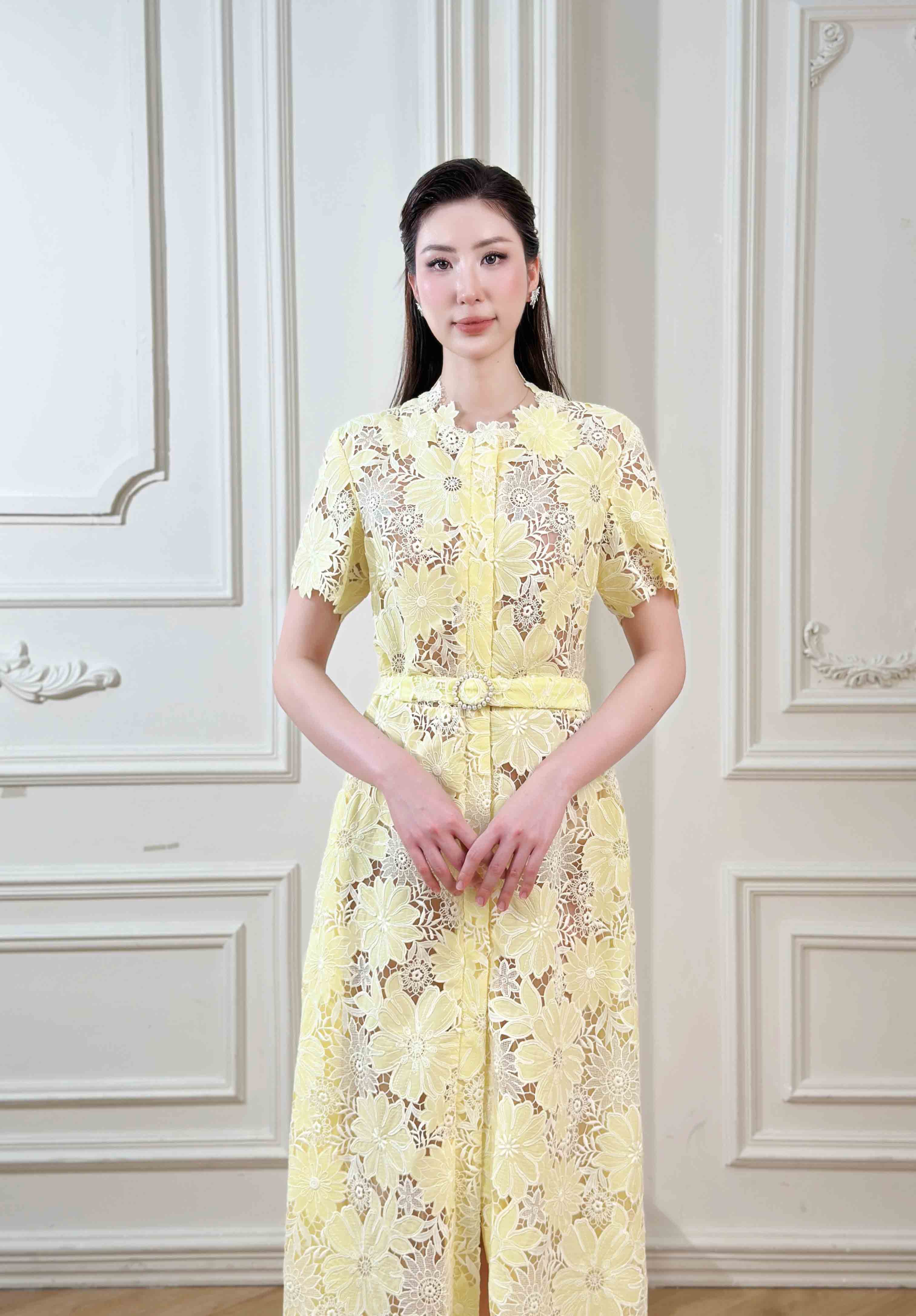Belted Floral-Lace Shirt Midi Dress – Honey Yellow