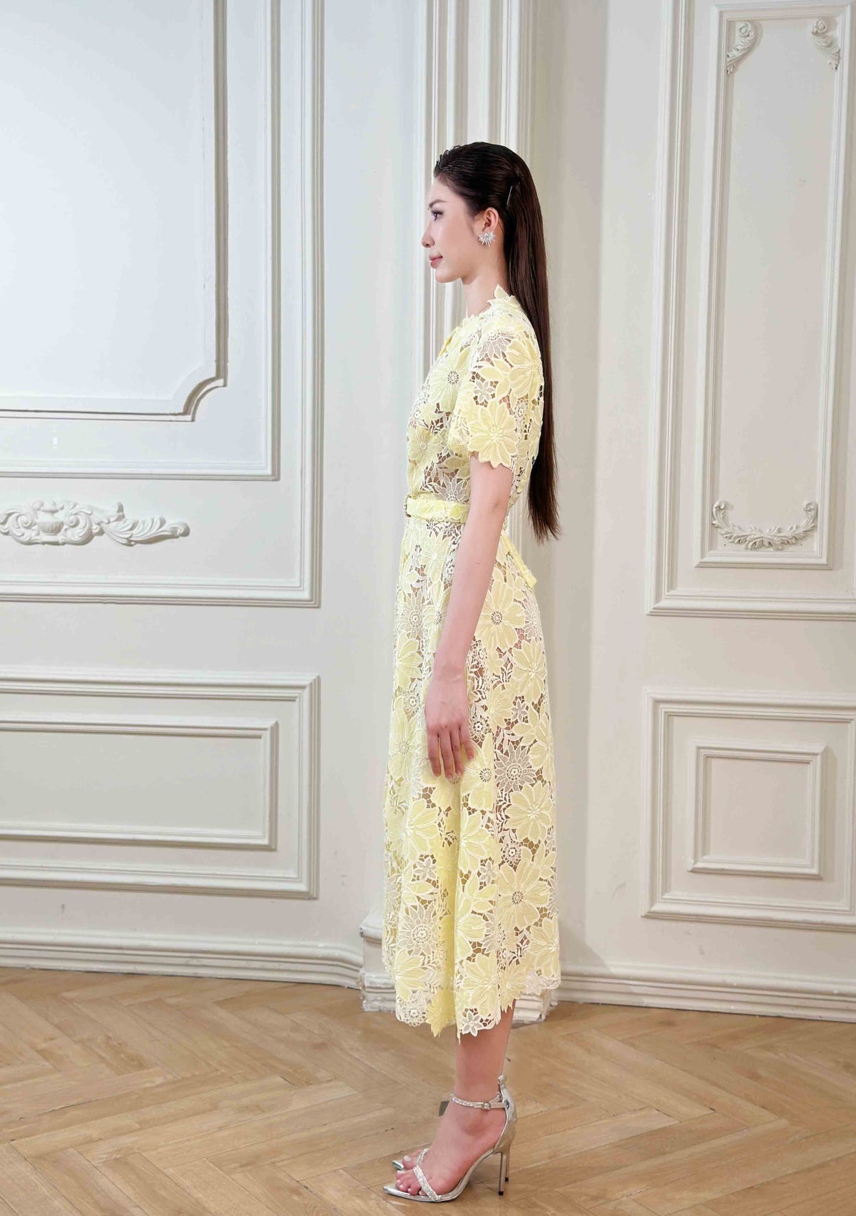Belted Floral-Lace Shirt Midi Dress – Honey Yellow
