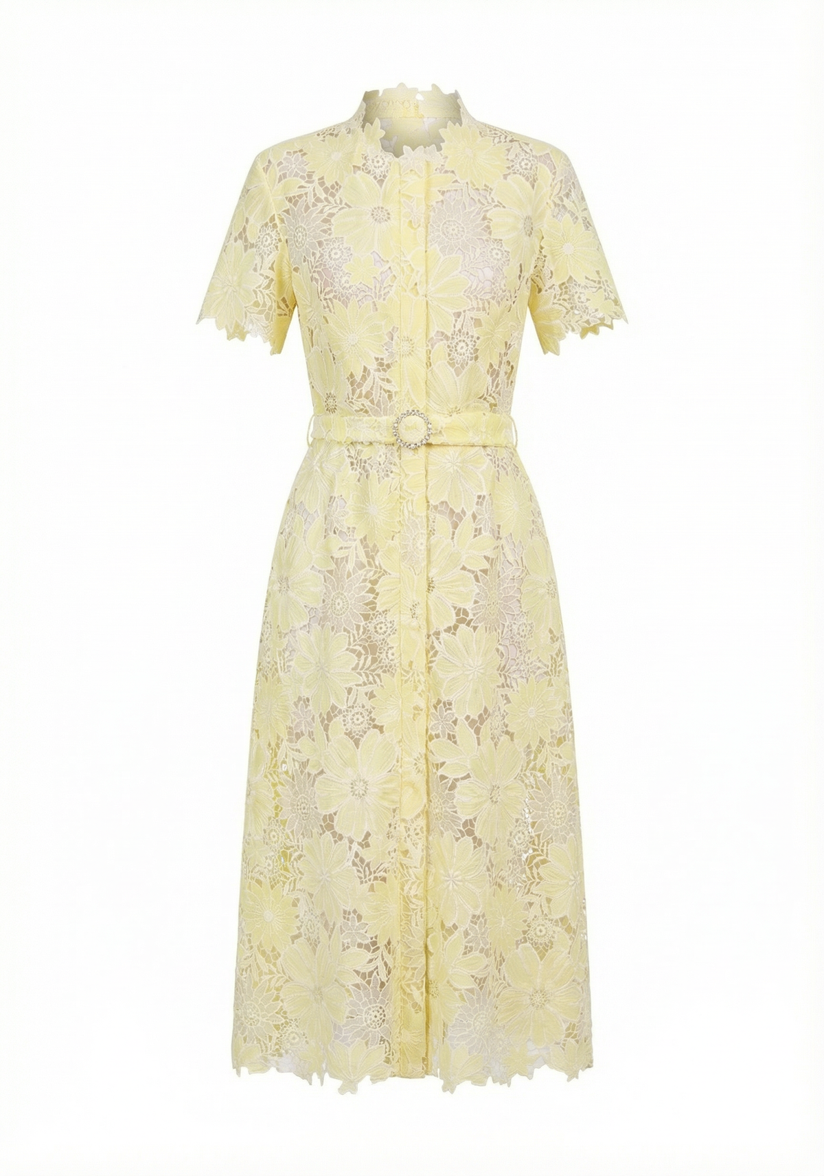 Belted Floral-Lace Shirt Midi Dress – Honey Yellow