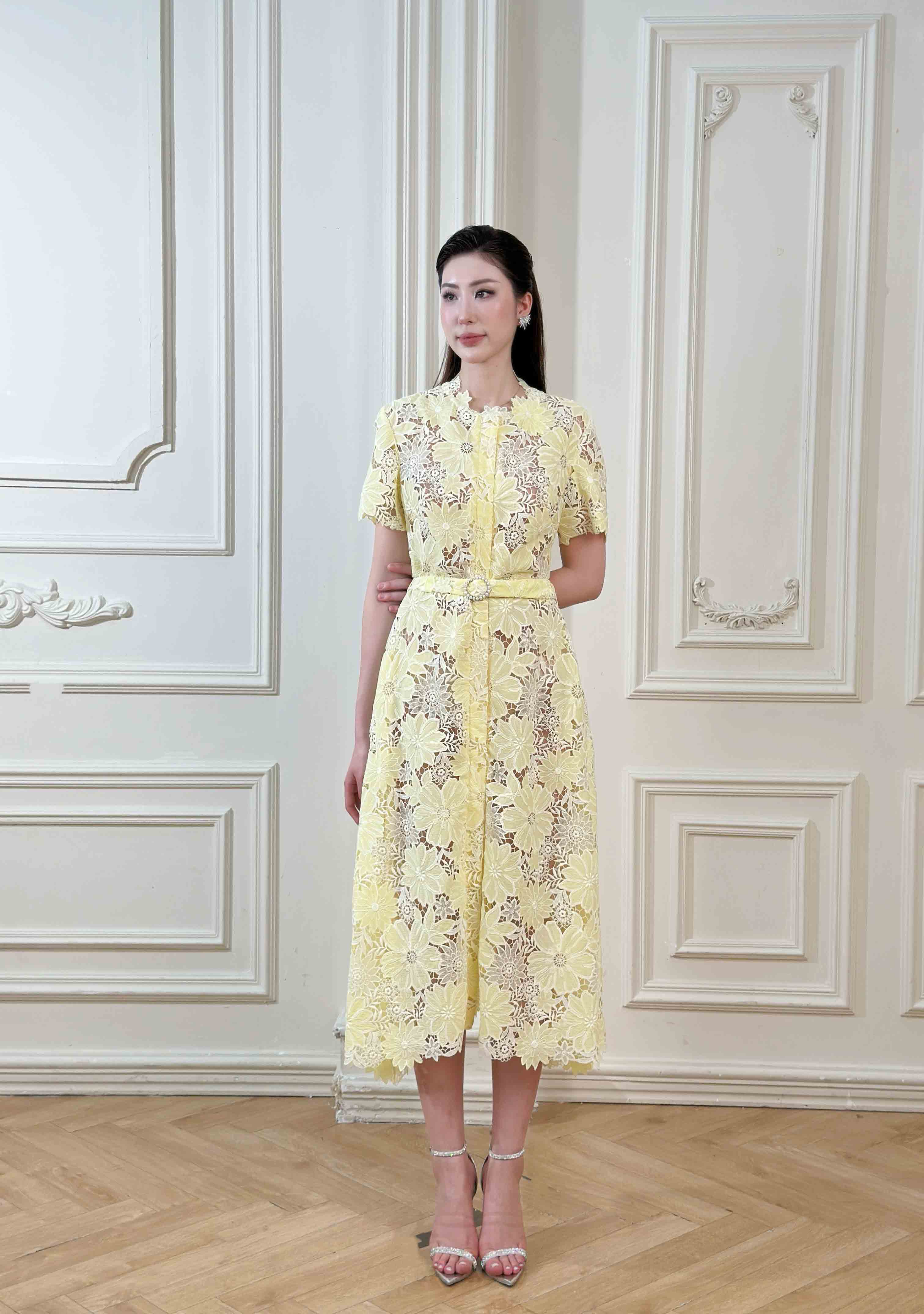 Belted Floral-Lace Shirt Midi Dress – Honey Yellow