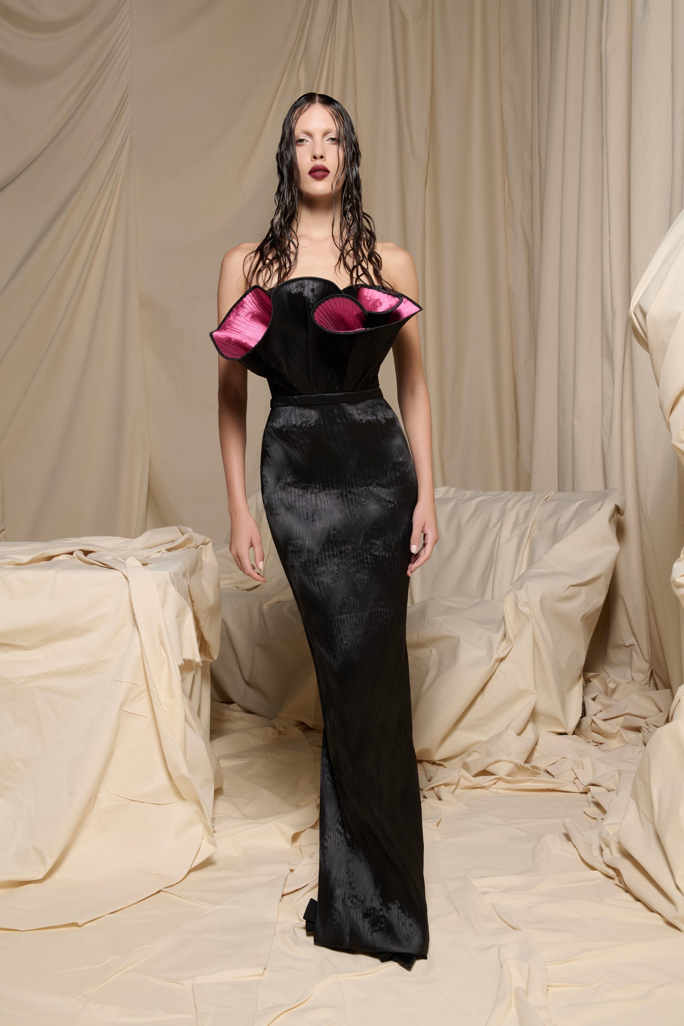 Black Strapless Column Gown with Fuchsia Petal Detail - N0704