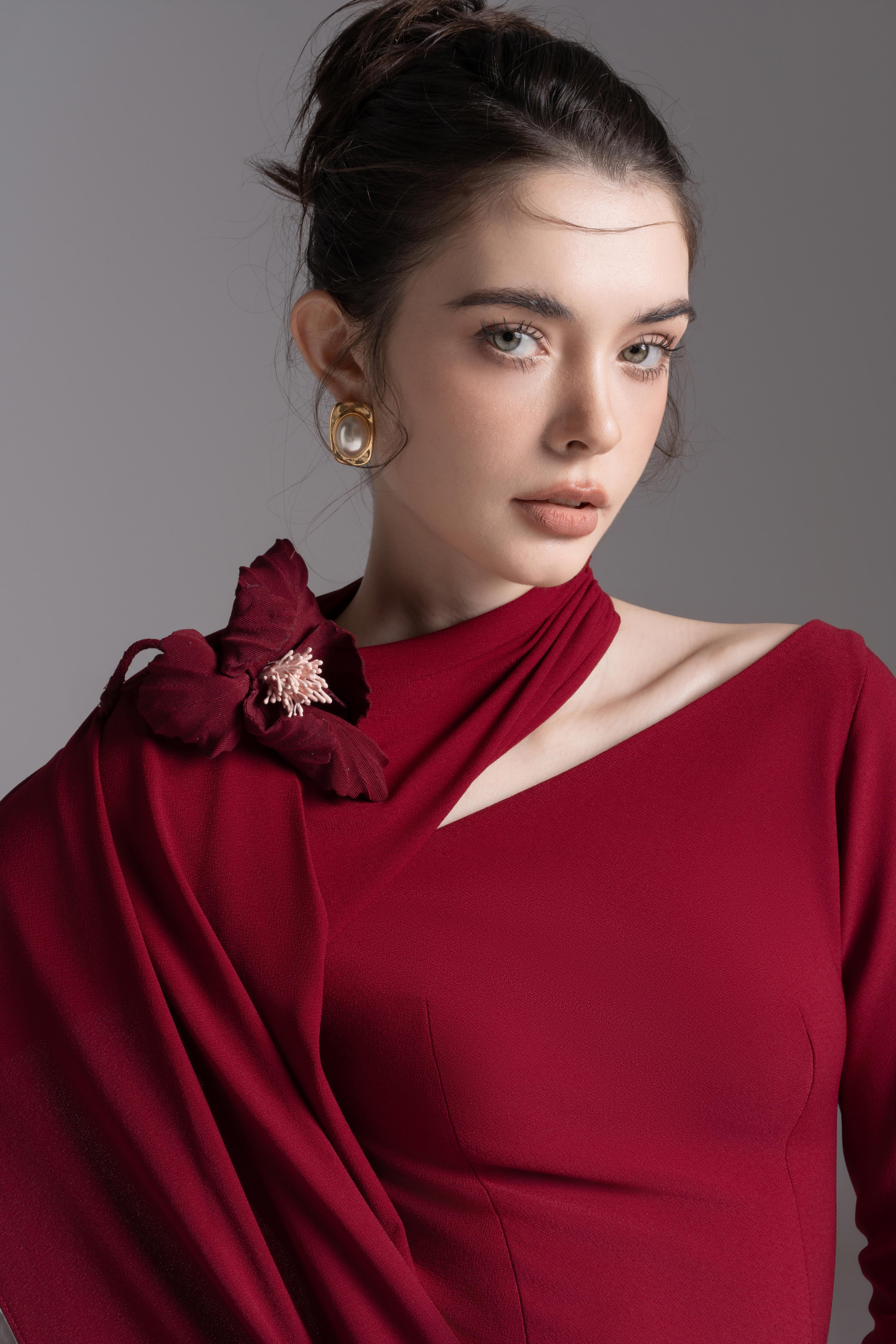 Bloom Asymmetry Dress in Dark Ruby