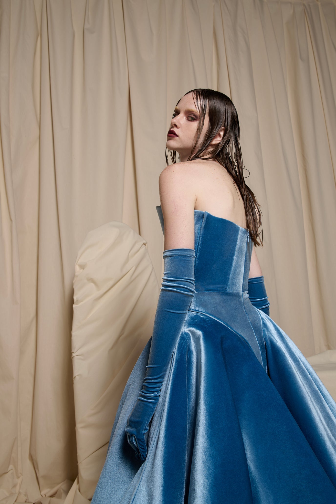 Blue Velvet Strapless Ball Gown N0711