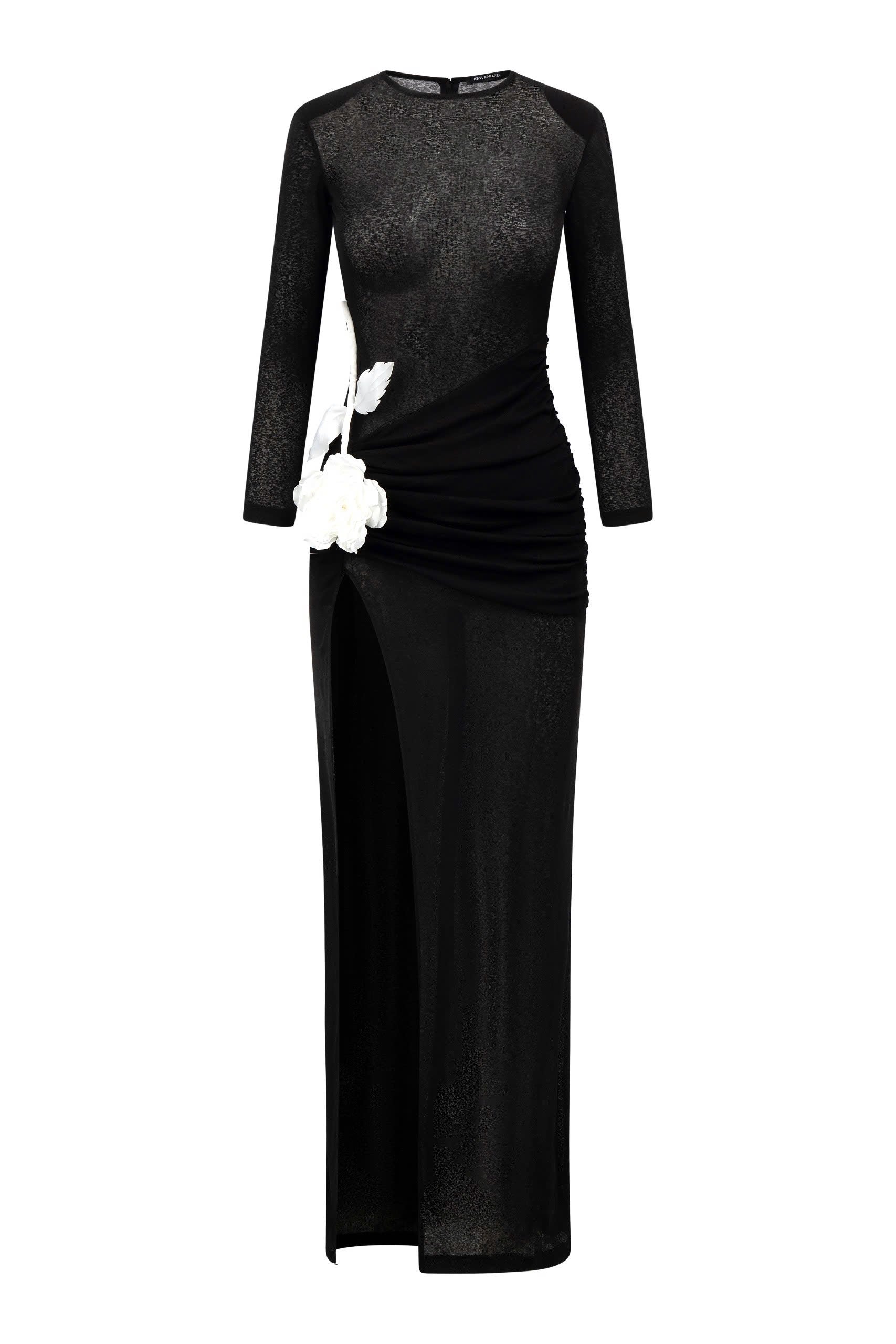Caprila Slit Long Sleeved Jersey Floor Length Dress