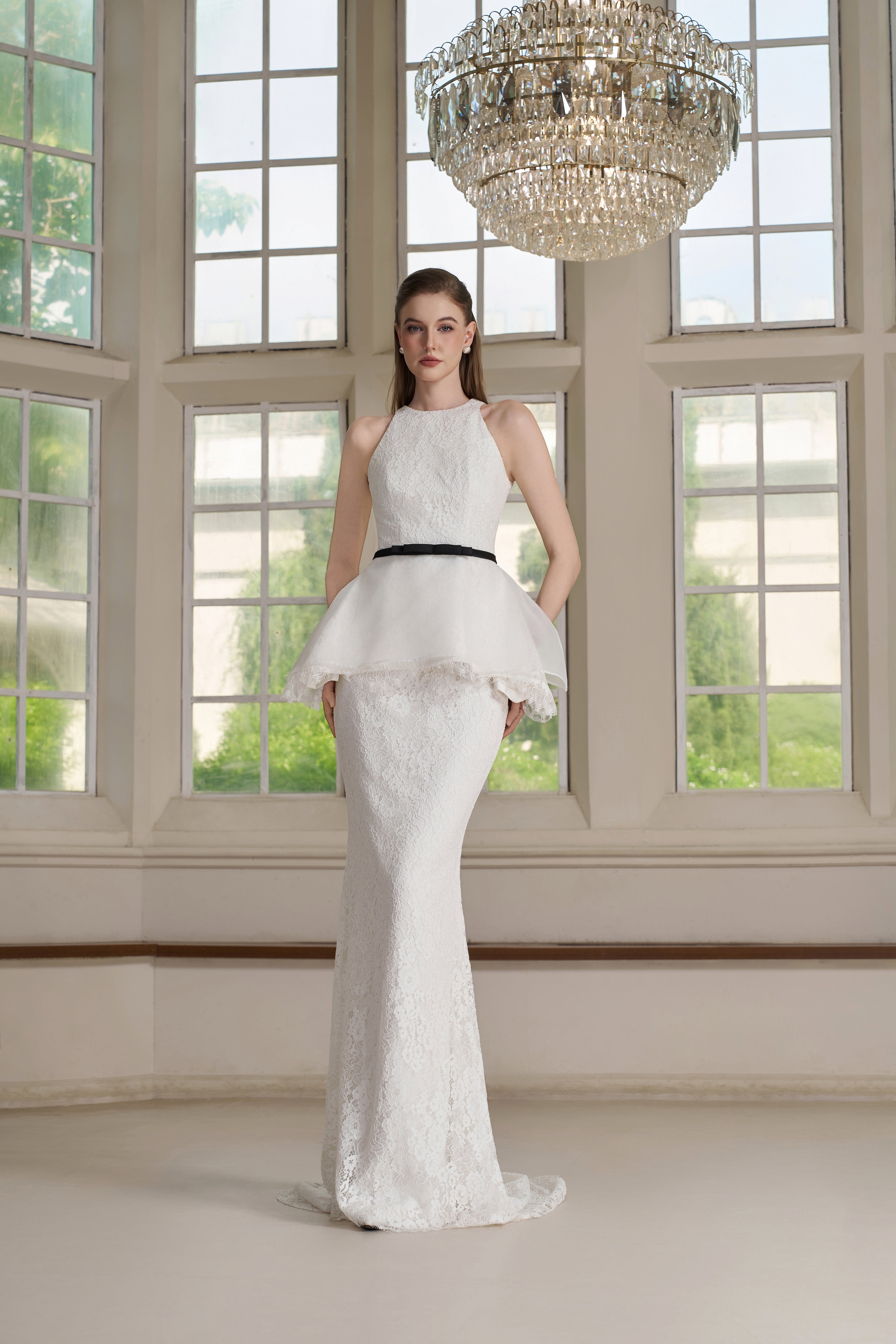 Ory Set – Lace Peplum Column Gown with Bow Belt