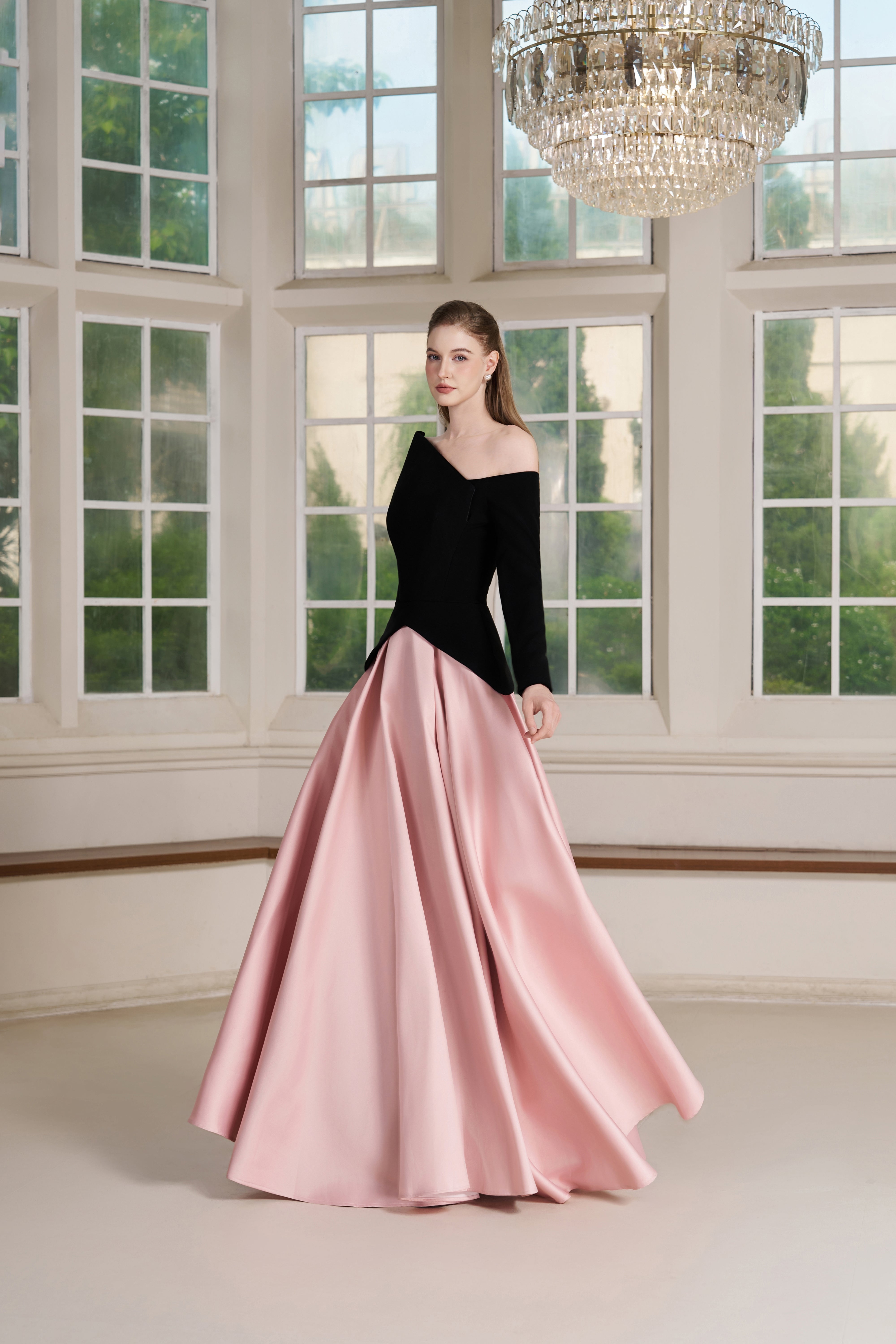 Belle Dress – Asymmetric Off-Shoulder Two-Tone Evening Gown
