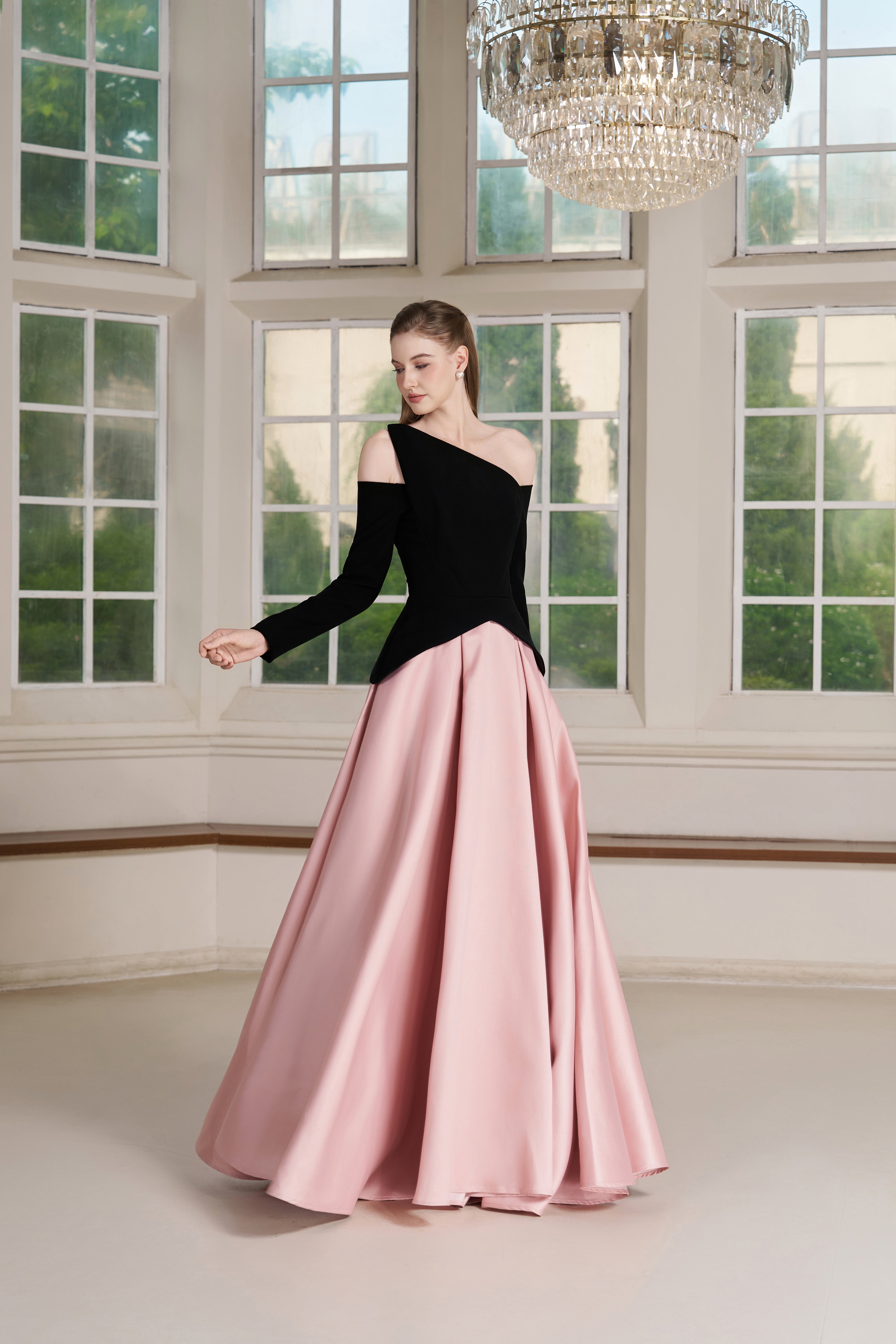 Belle Dress – Asymmetric Off-Shoulder Two-Tone Evening Gown