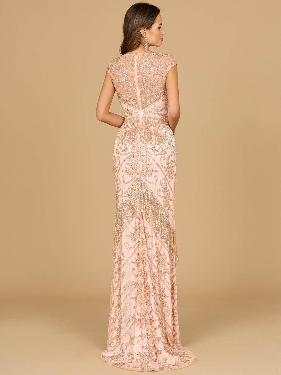 Cap Sleeve Beaded Gown with Fringe 29098