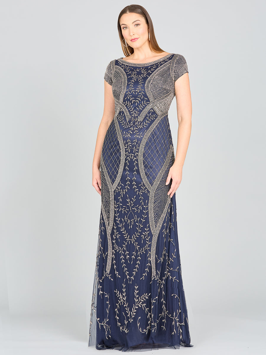 Cap Sleeve Modestly Covered Beaded Evening Dress 33609